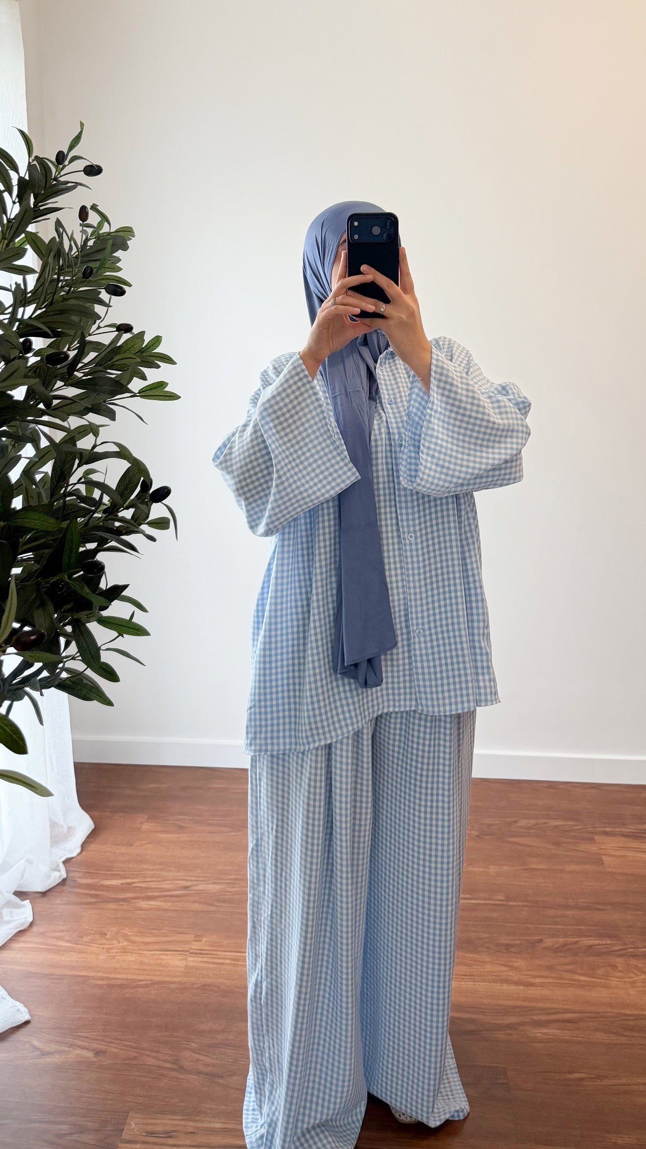 ENSEMBLE VICHY CHEMISE + PANTALON BLEU CIEL