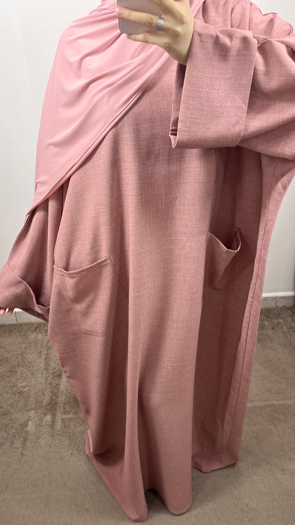 ABAYA POCHES EFFET LIN ROSE