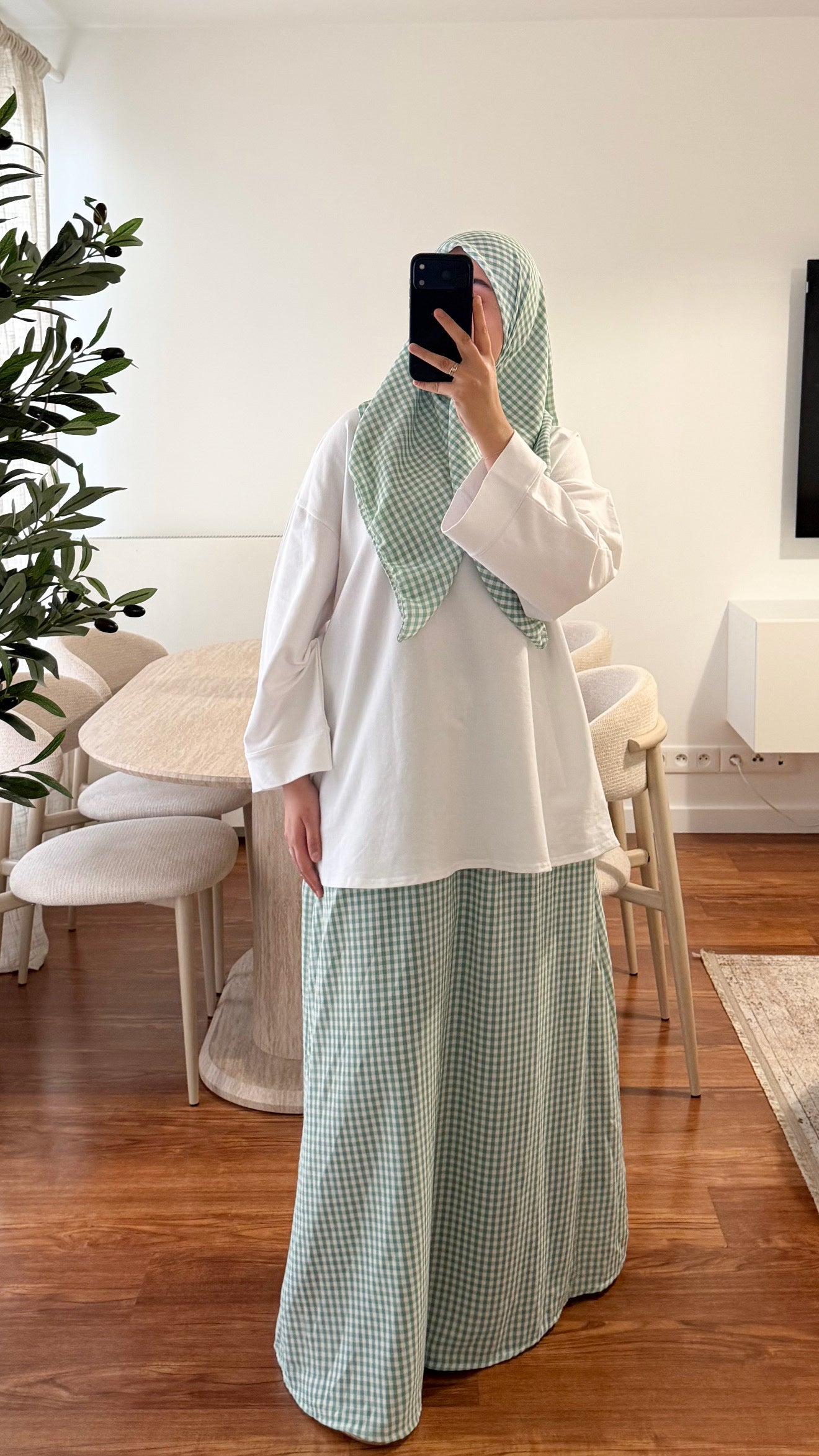 ENSEMBLE CARRÉ DE COTON + JUPE MOTIF CARREAUX VERT