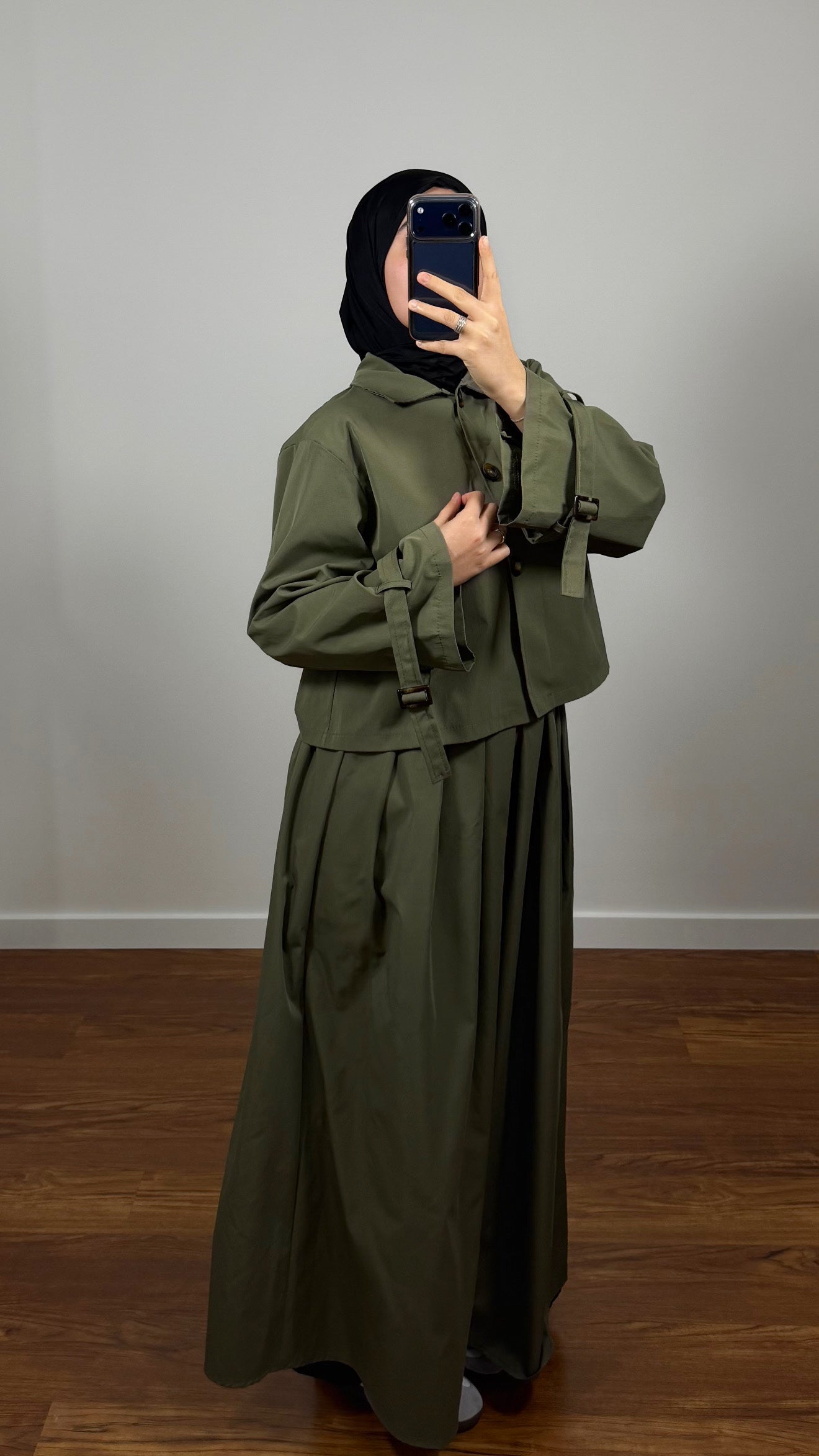 ENSEMBLE TRENCH VESTE + JUPE VERT KAKI