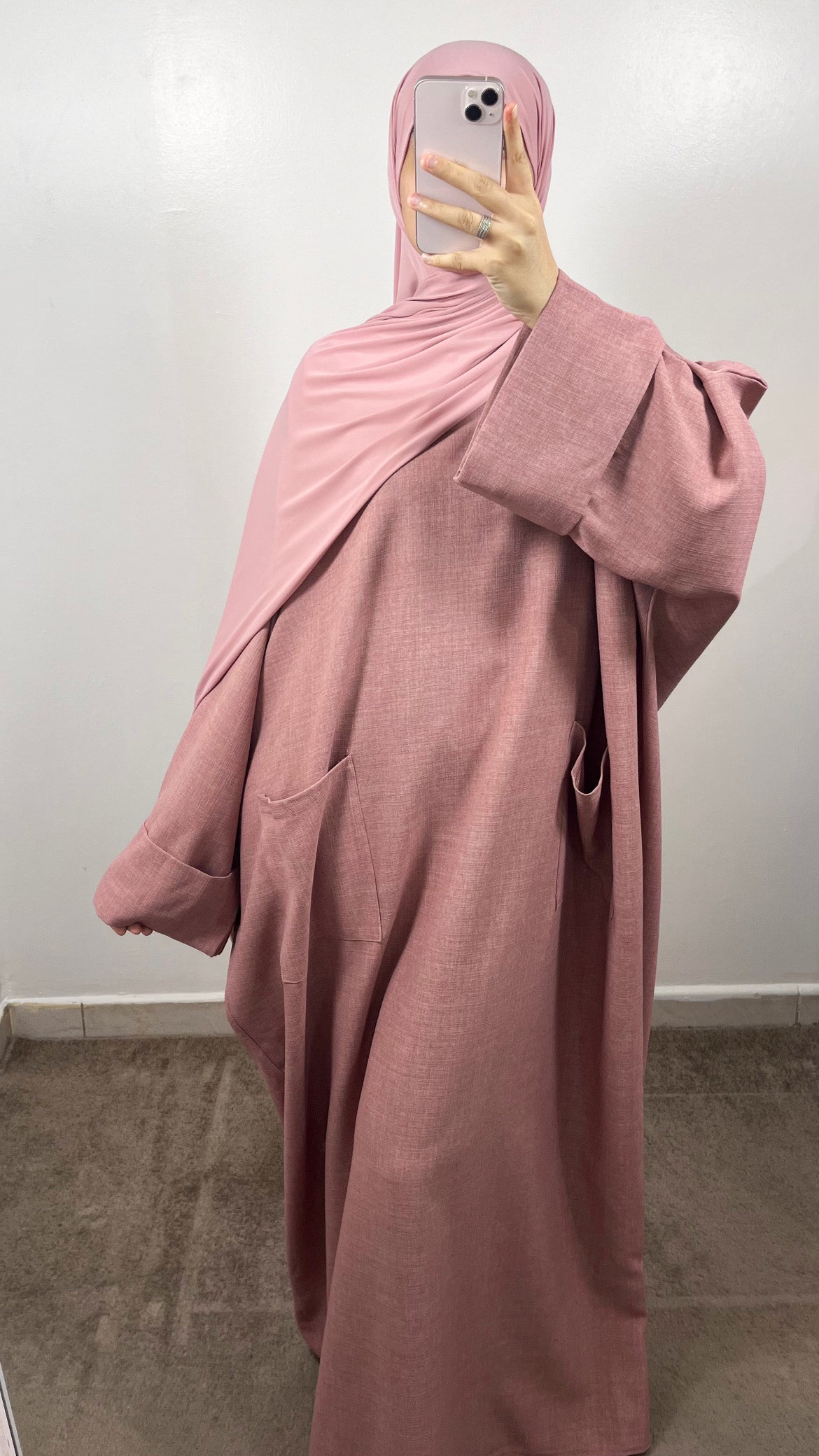 ABAYA POCHES EFFET LIN ROSE