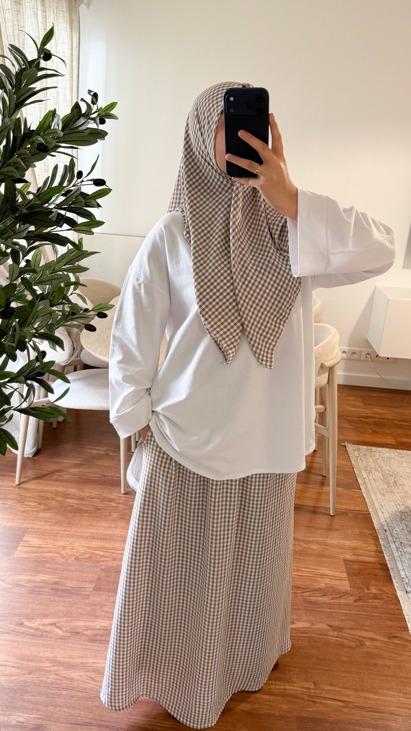 ENSEMBLE CARRÉ DE COTON + JUPE MOTIF CARREAUX TAUPE