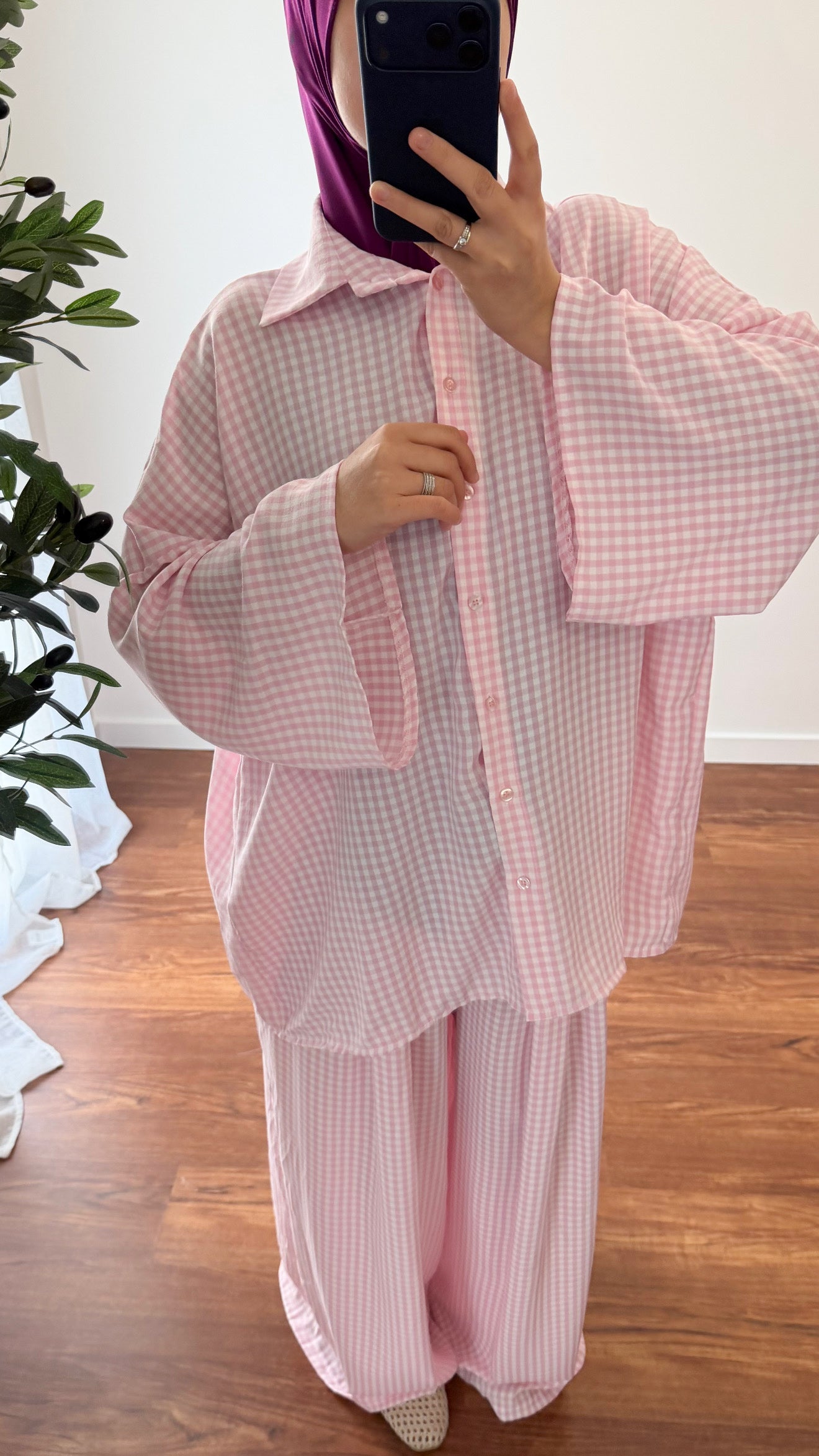 ENSEMBLE VICHY CHEMISE + PANTALON ROSE CLAIR