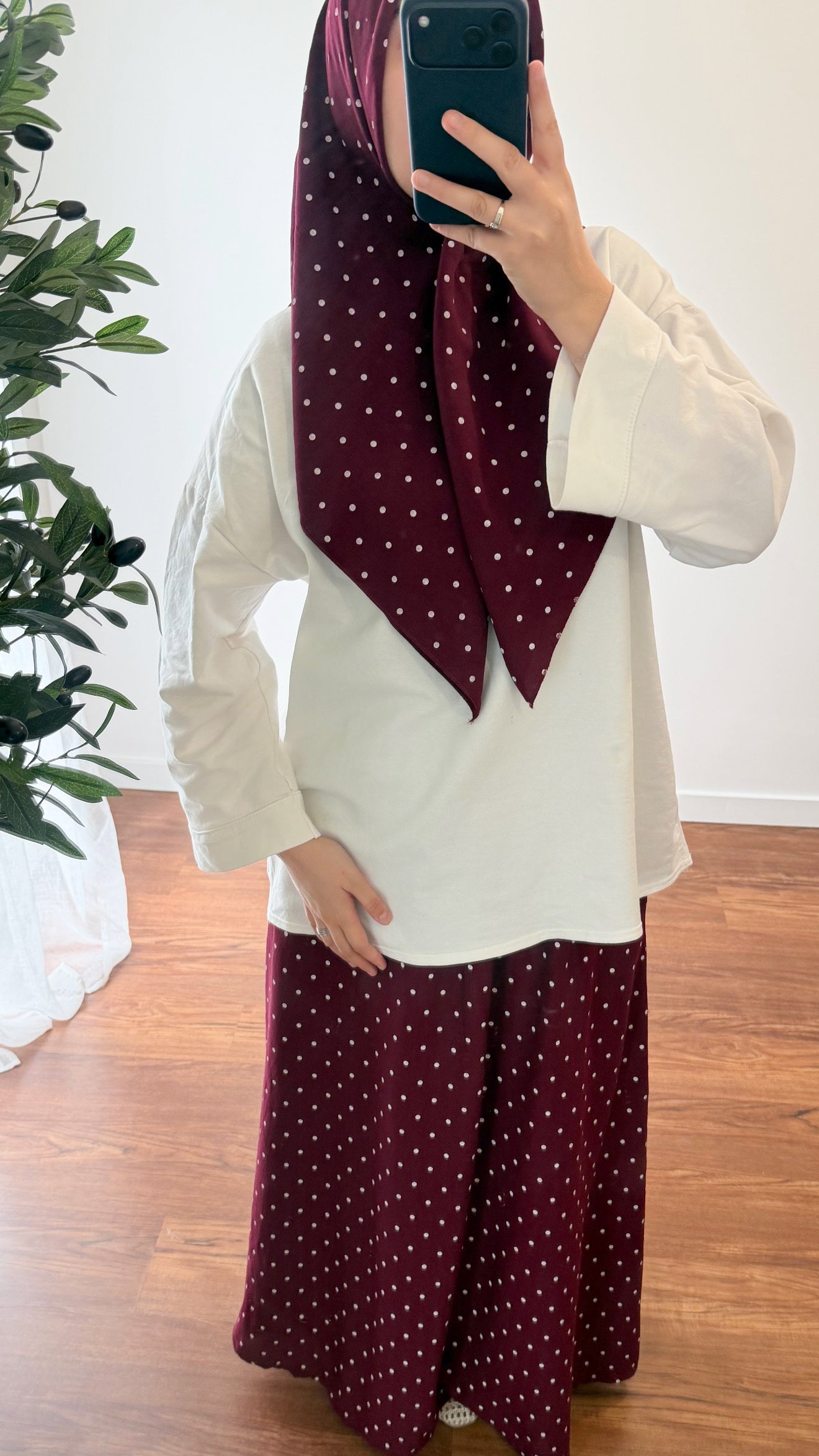 ENSEMBLE CARRÉ DE COTON + JUPE À POIS BORDEAU