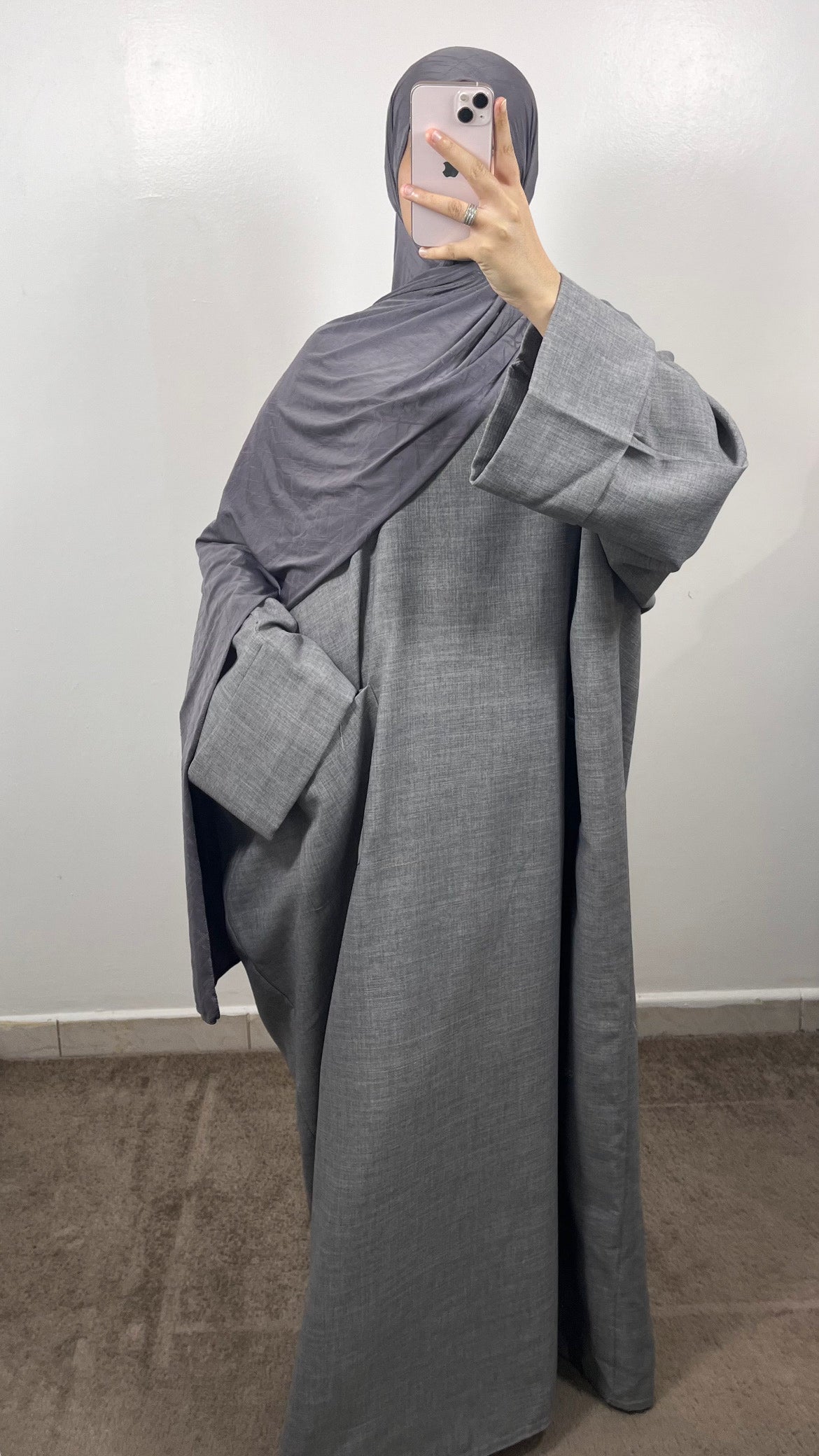 ABAYA POCHES EFFET LIN GRIS