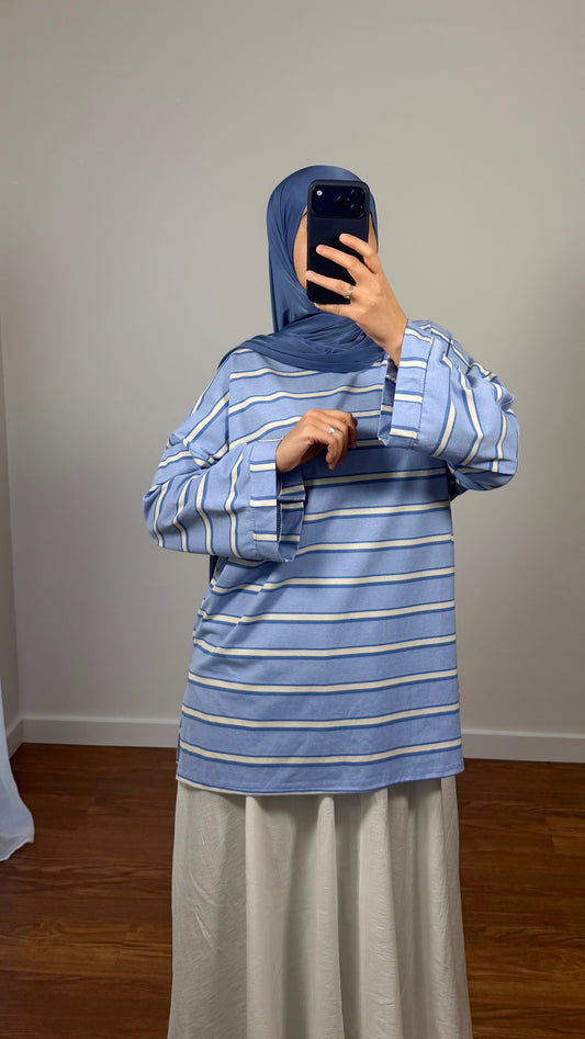 T-SHIRT RAYÉ OVERSIZE BLEU CIEL