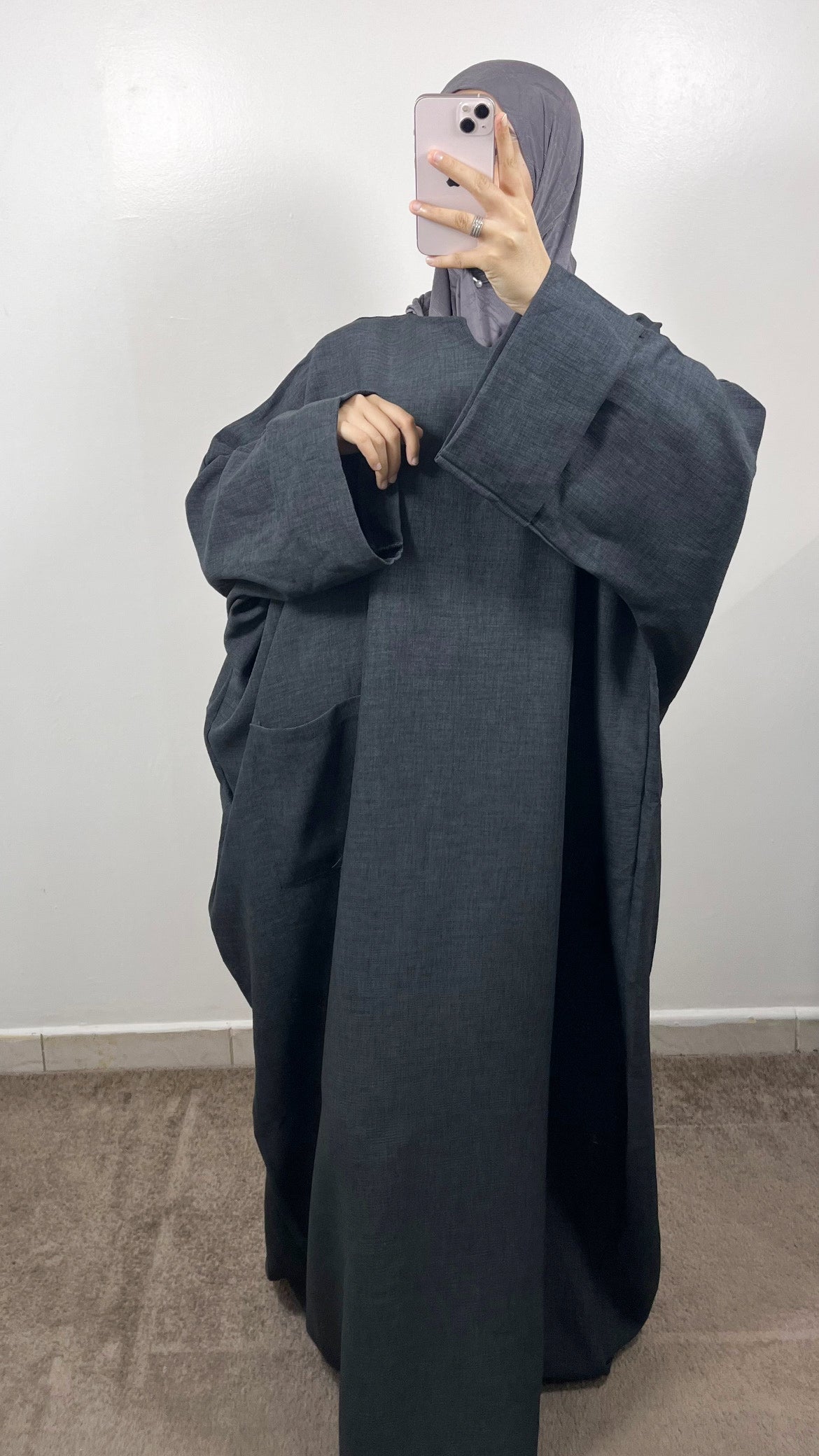 ABAYA POCHES EFFET LIN GRIS ANTHRACITE