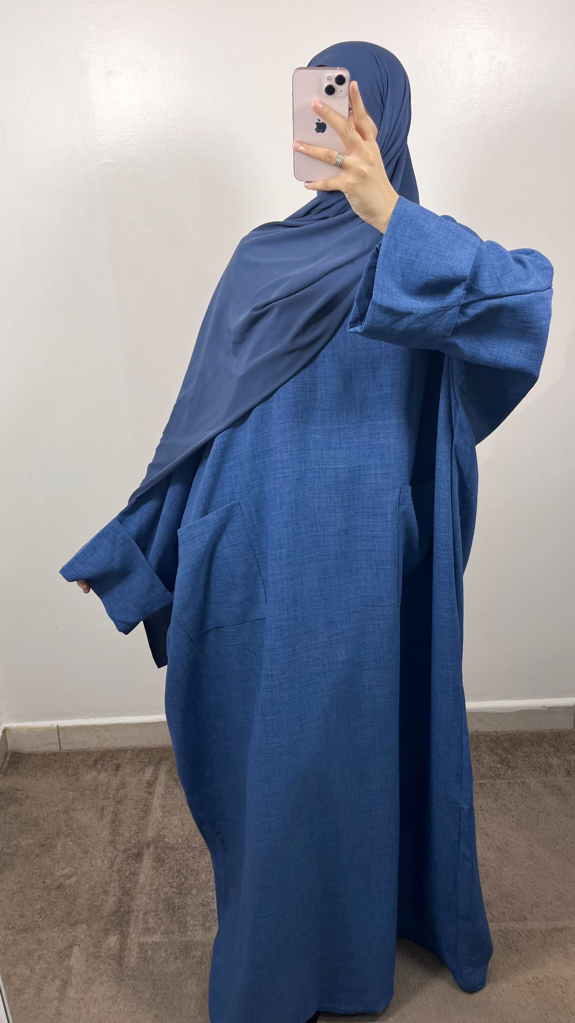 ABAYA POCHES EFFET LIN BLEU JEAN