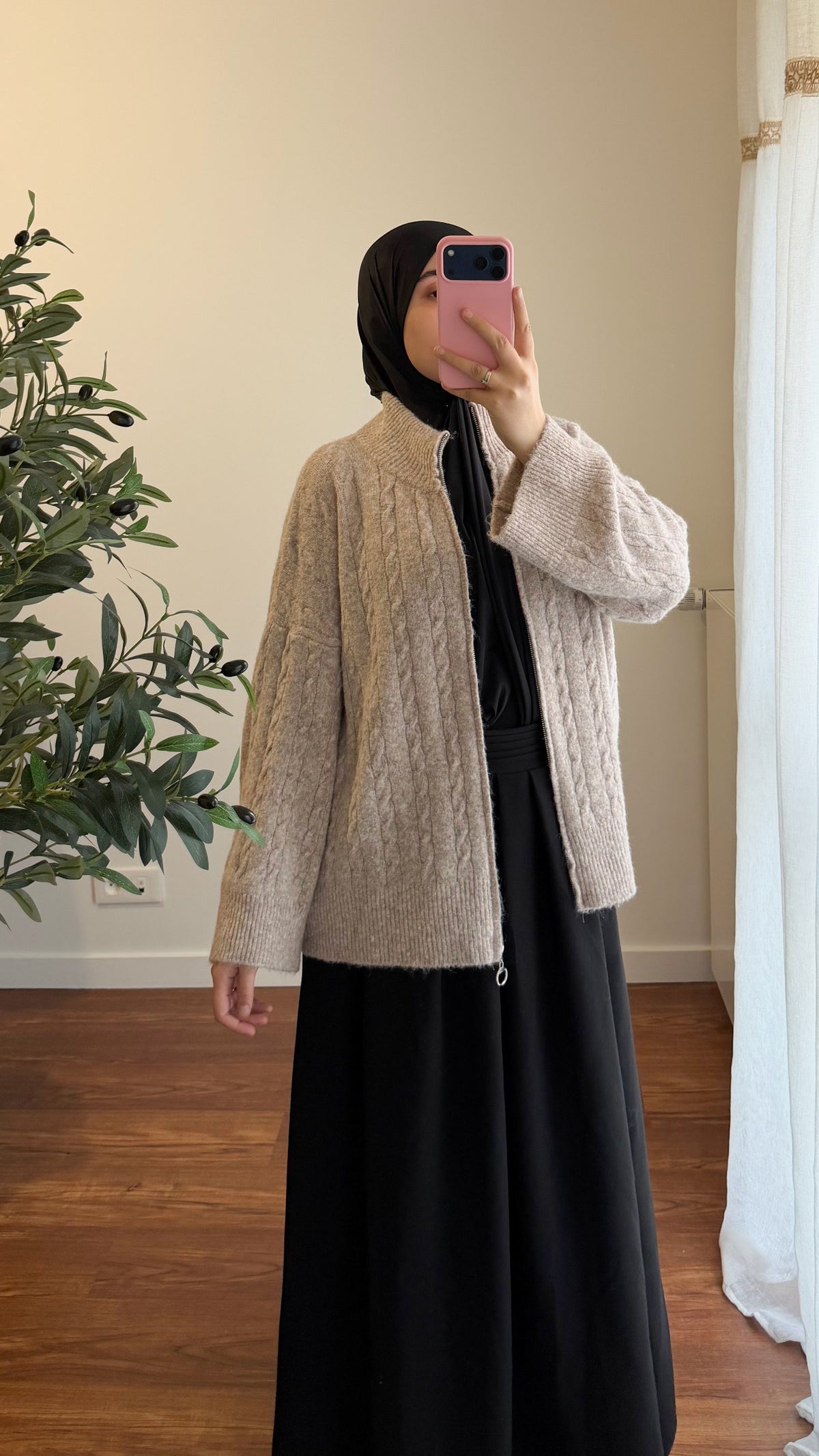GILET ZIPPÉ MOTIF TORSADÉ TAUPE