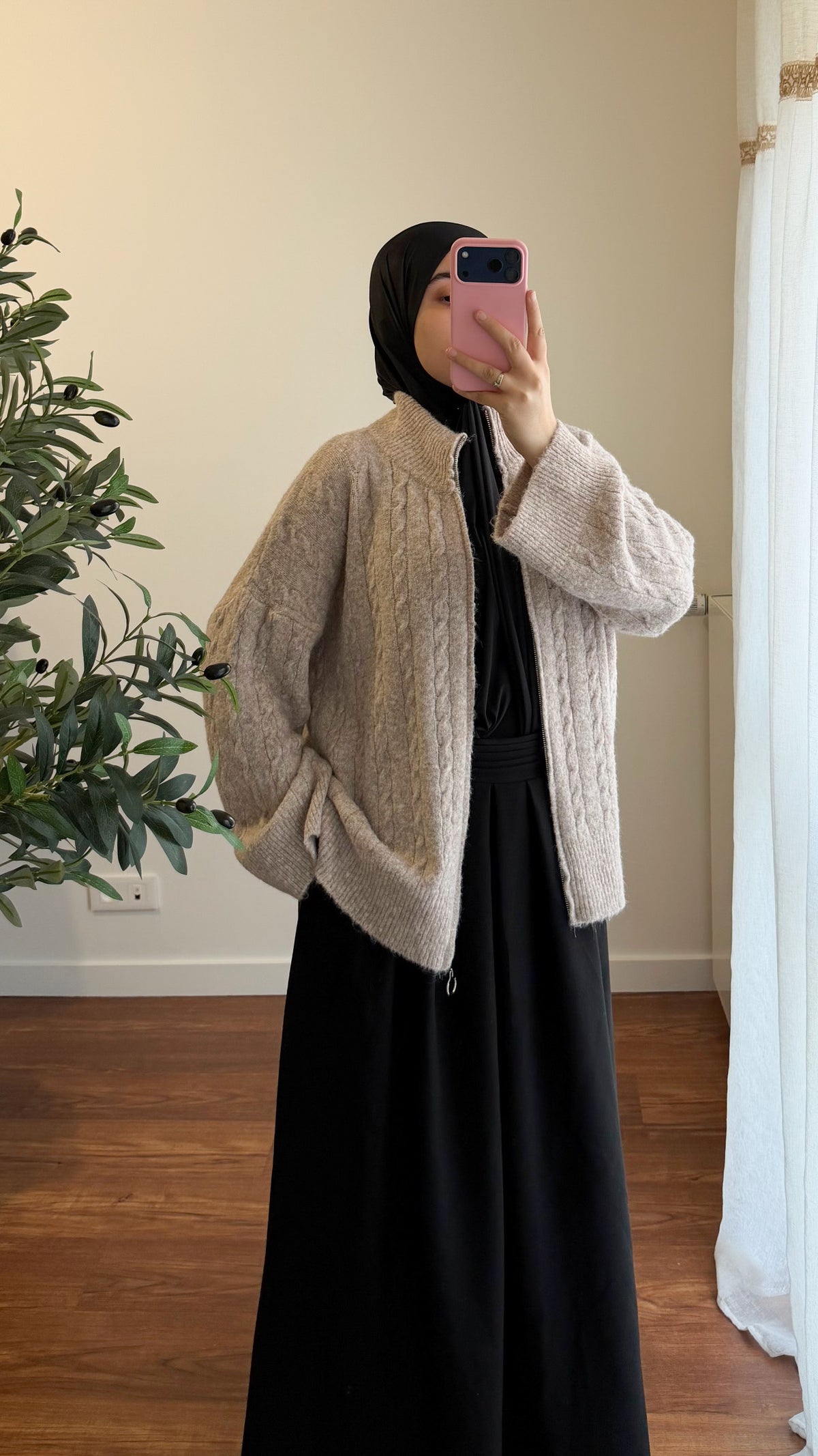 GILET ZIPPÉ MOTIF TORSADÉ TAUPE