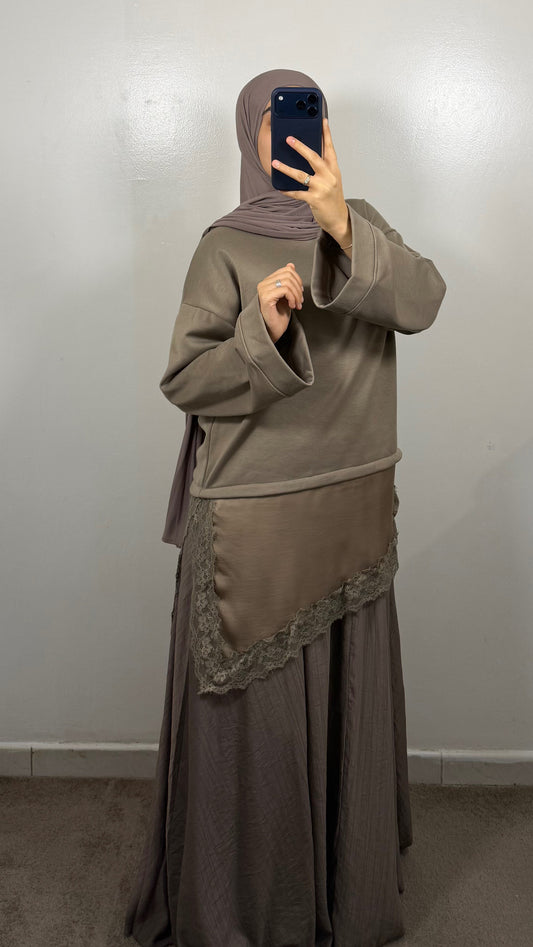 TOP T-SHIRT EPAIS DENTELLE TAUPE