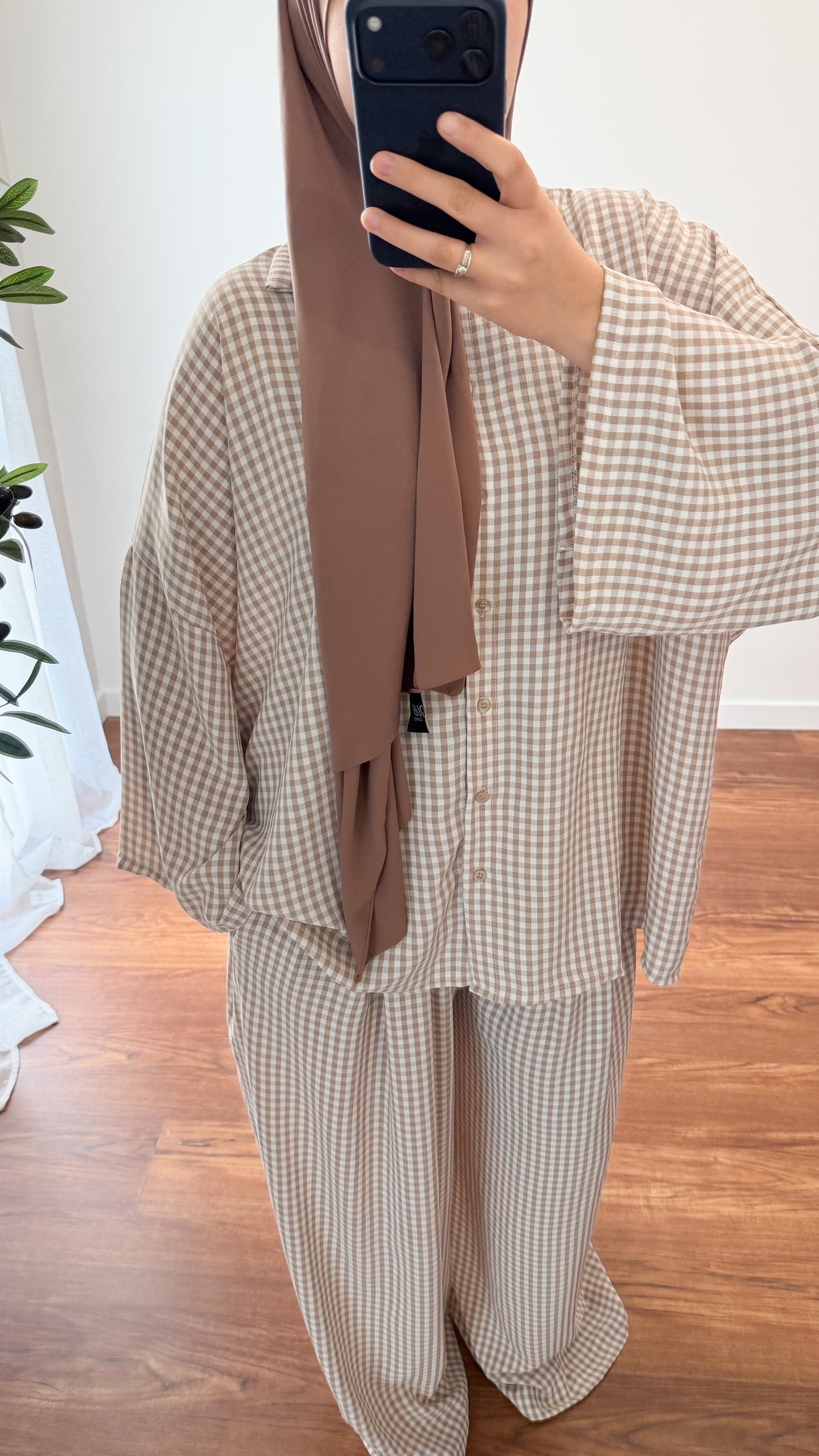 ENSEMBLE VICHY CHEMISE + PANTALON MARRON