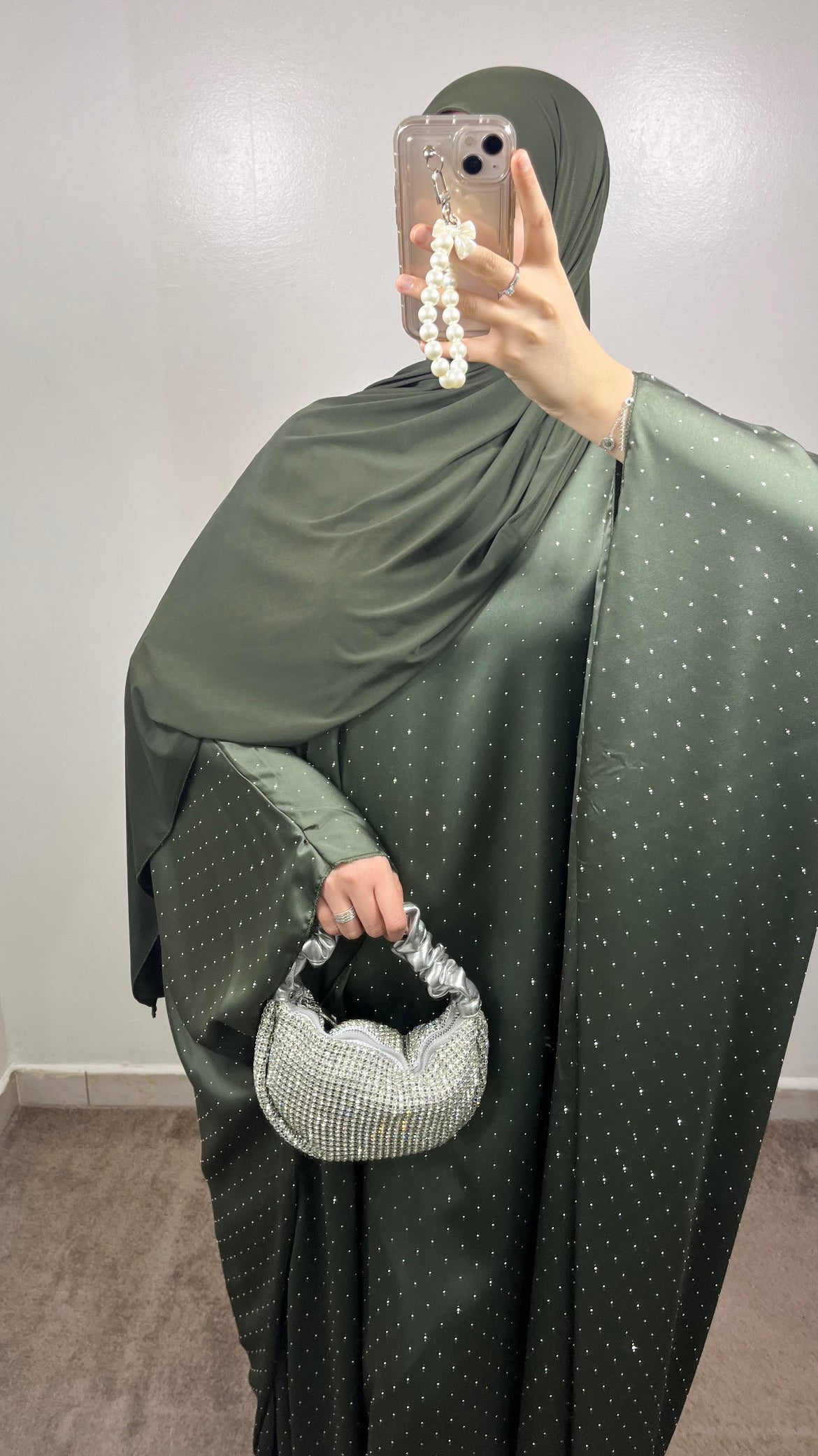 CLASSIC KHAKI GREEN RHINESTONE ABAYA