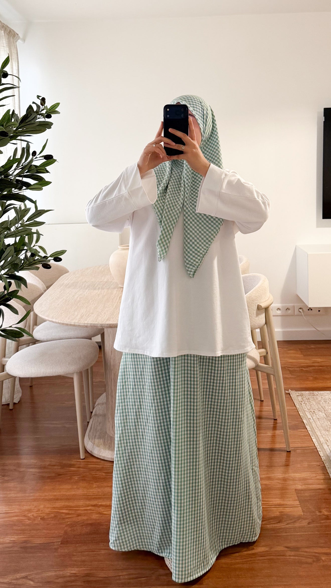 ENSEMBLE CARRÉ DE COTON + JUPE MOTIF CARREAUX VERT