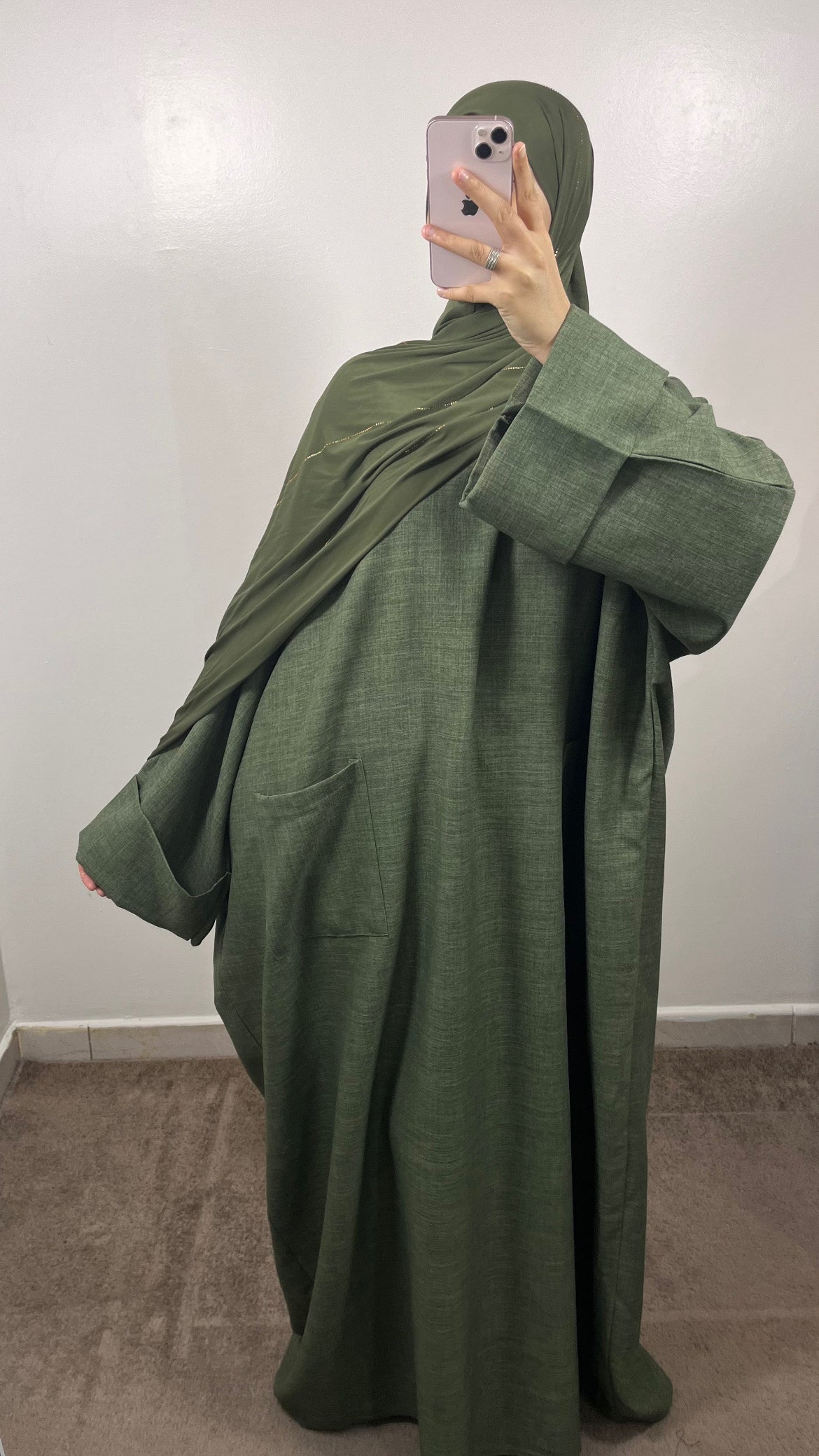 ABAYA POCHES EFFET LIN VERT KAKI
