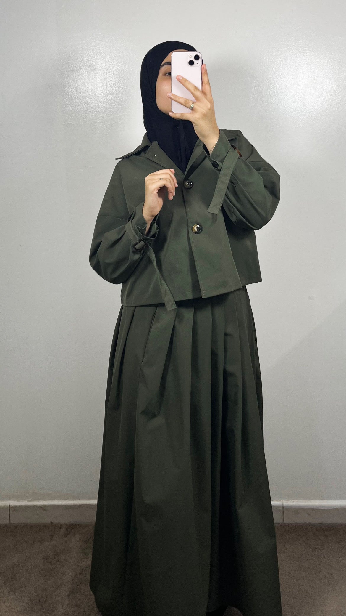 ENSEMBLE TRENCH VESTE + JUPE VERT KAKI