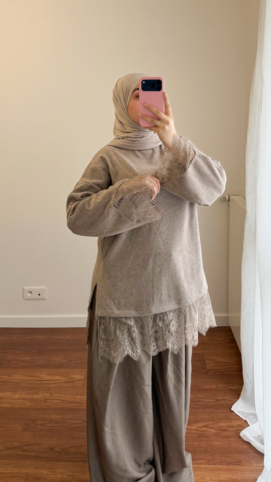 PULL DENTELLE TAUPE