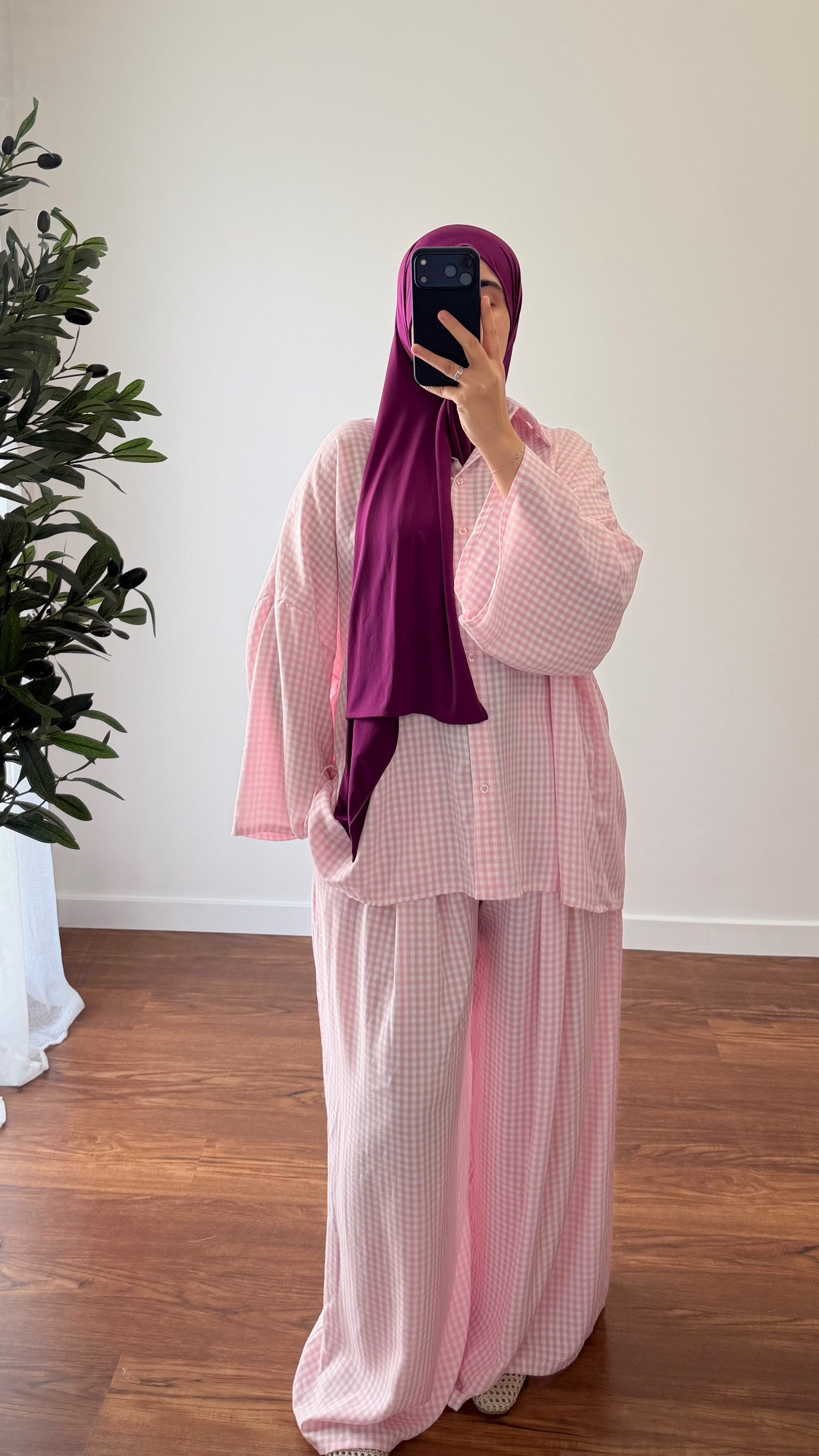 ENSEMBLE VICHY CHEMISE + PANTALON ROSE CLAIR