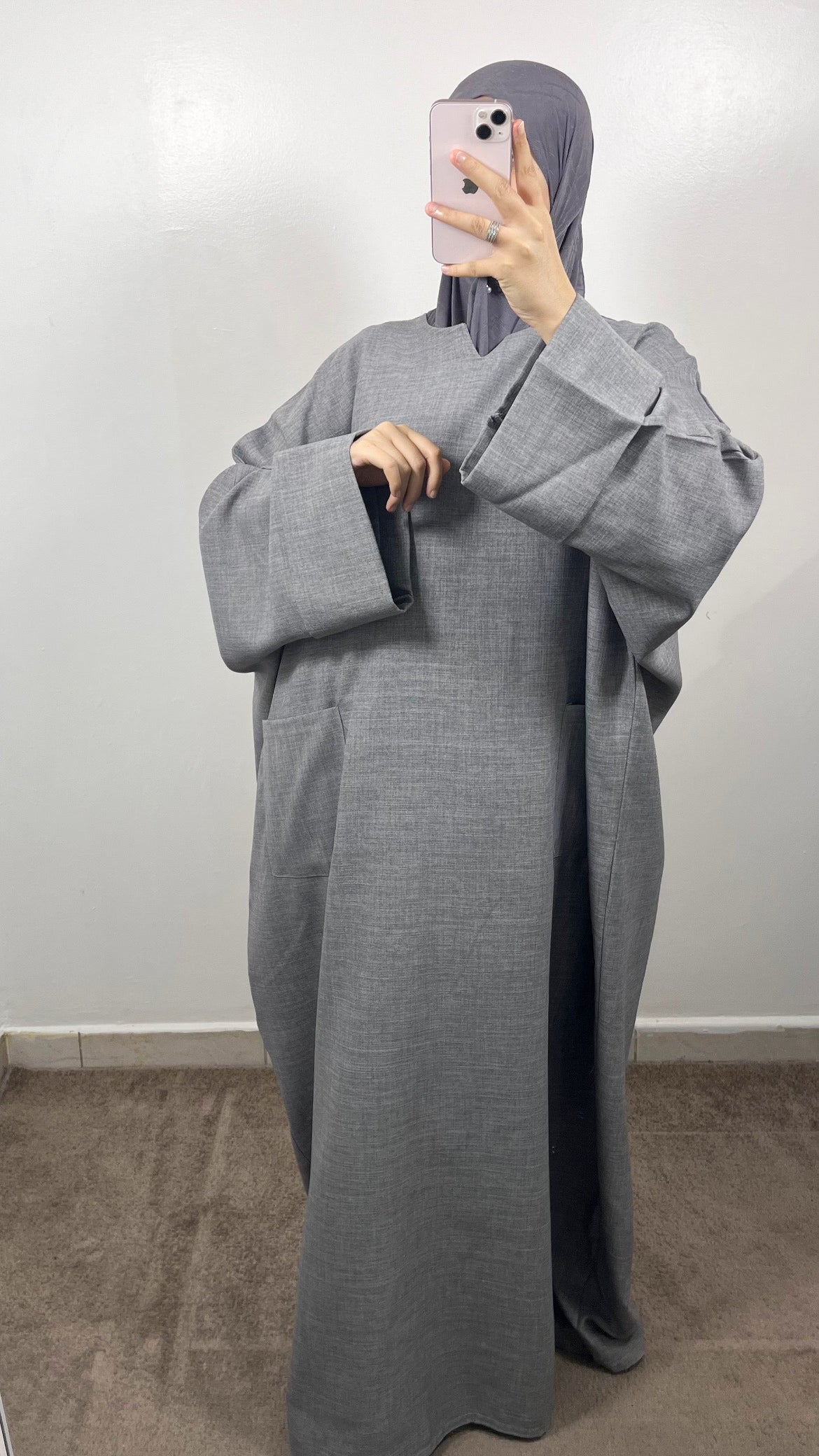ABAYA POCHES EFFET LIN GRIS