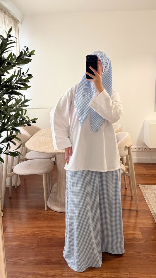ENSEMBLE CARRÉ DE COTON + JUPE MOTIF CARREAUX BLEU CIEL