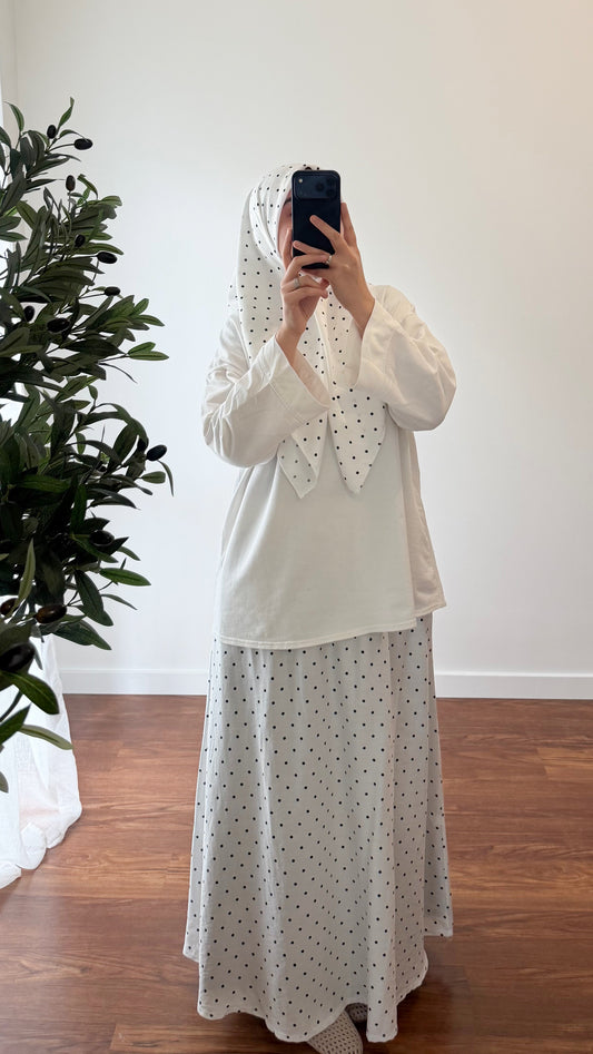 ENSEMBLE CARRÉ DE COTON + JUPE À POIS BLANCHE