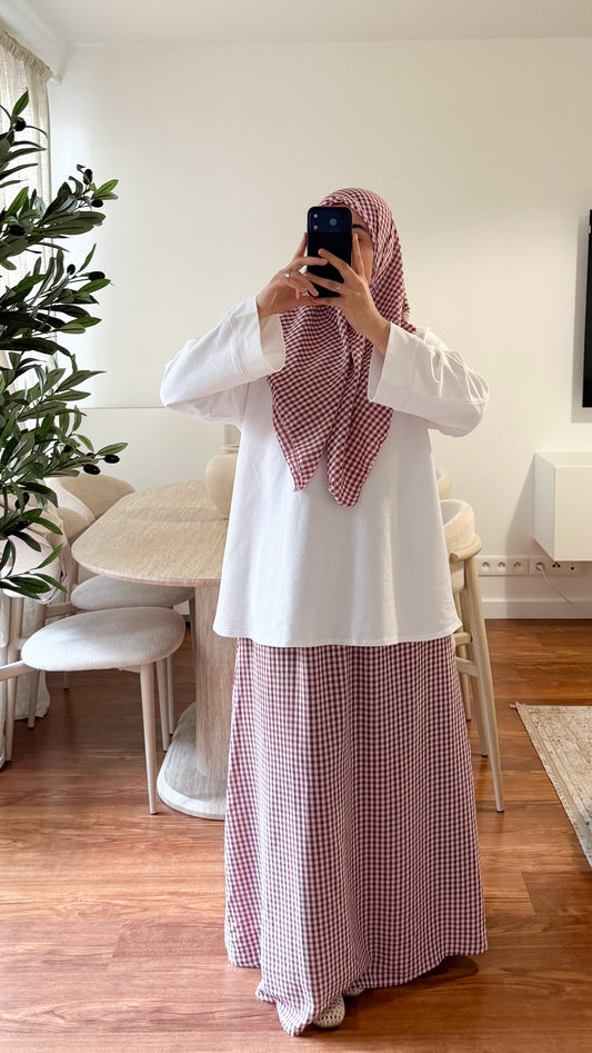 ENSEMBLE CARRÉ DE COTON + JUPE MOTIF CARREMENT ROUGE