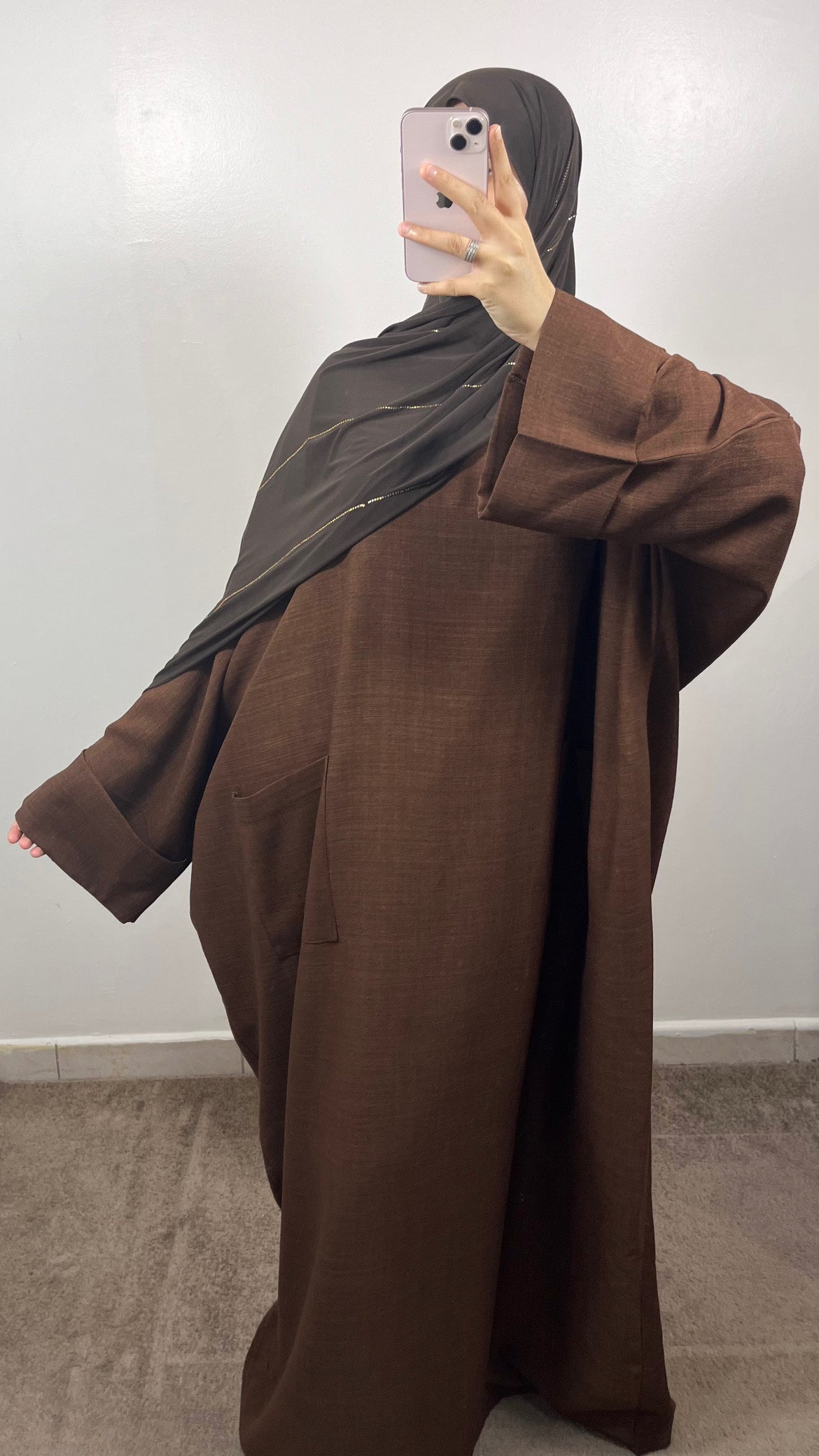 ABAYA POCHES EFFET LIN MARRON