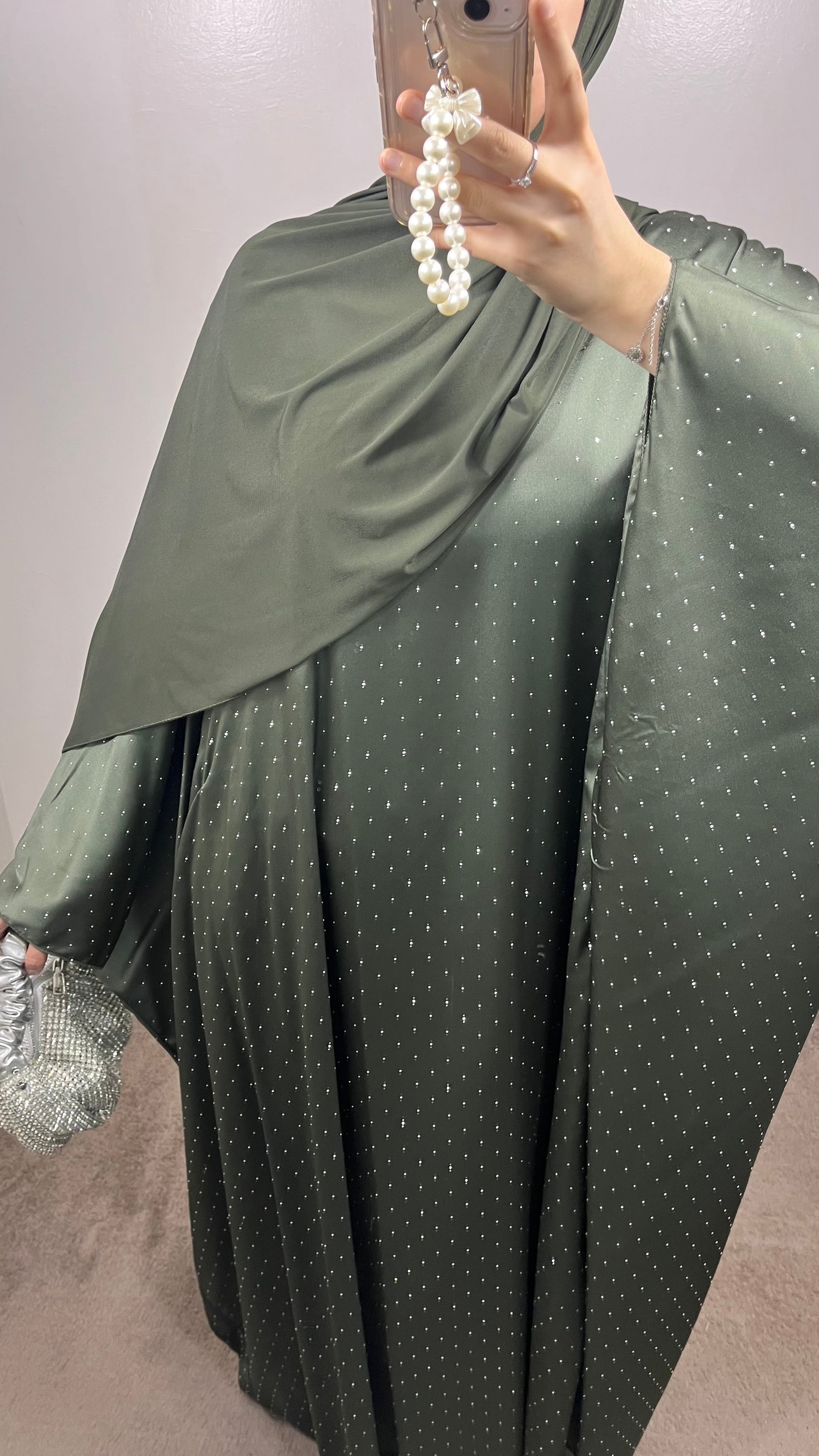 CLASSIC KHAKI GREEN RHINESTONE ABAYA
