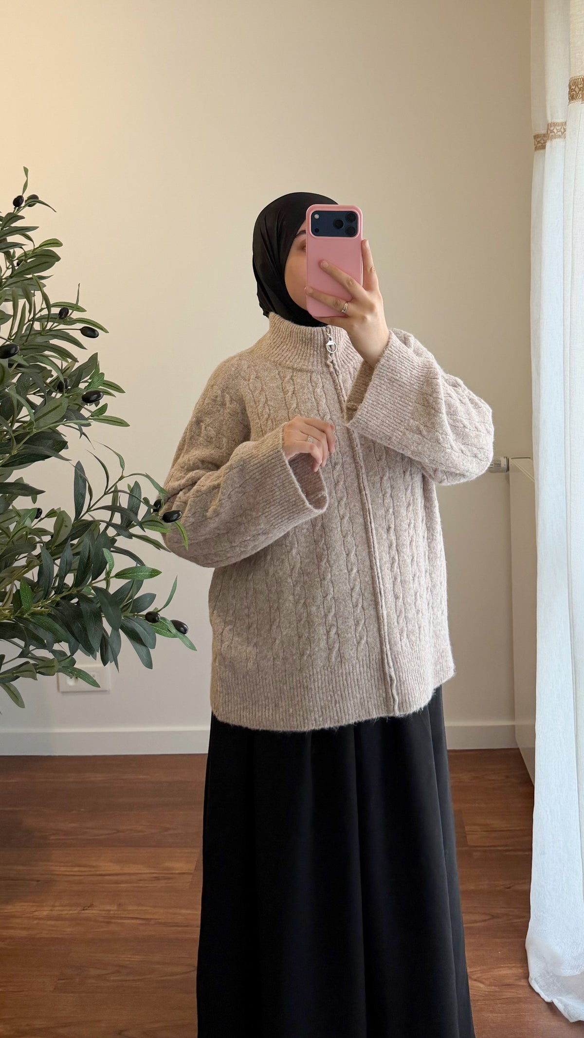 GILET ZIPPÉ MOTIF TORSADÉ TAUPE
