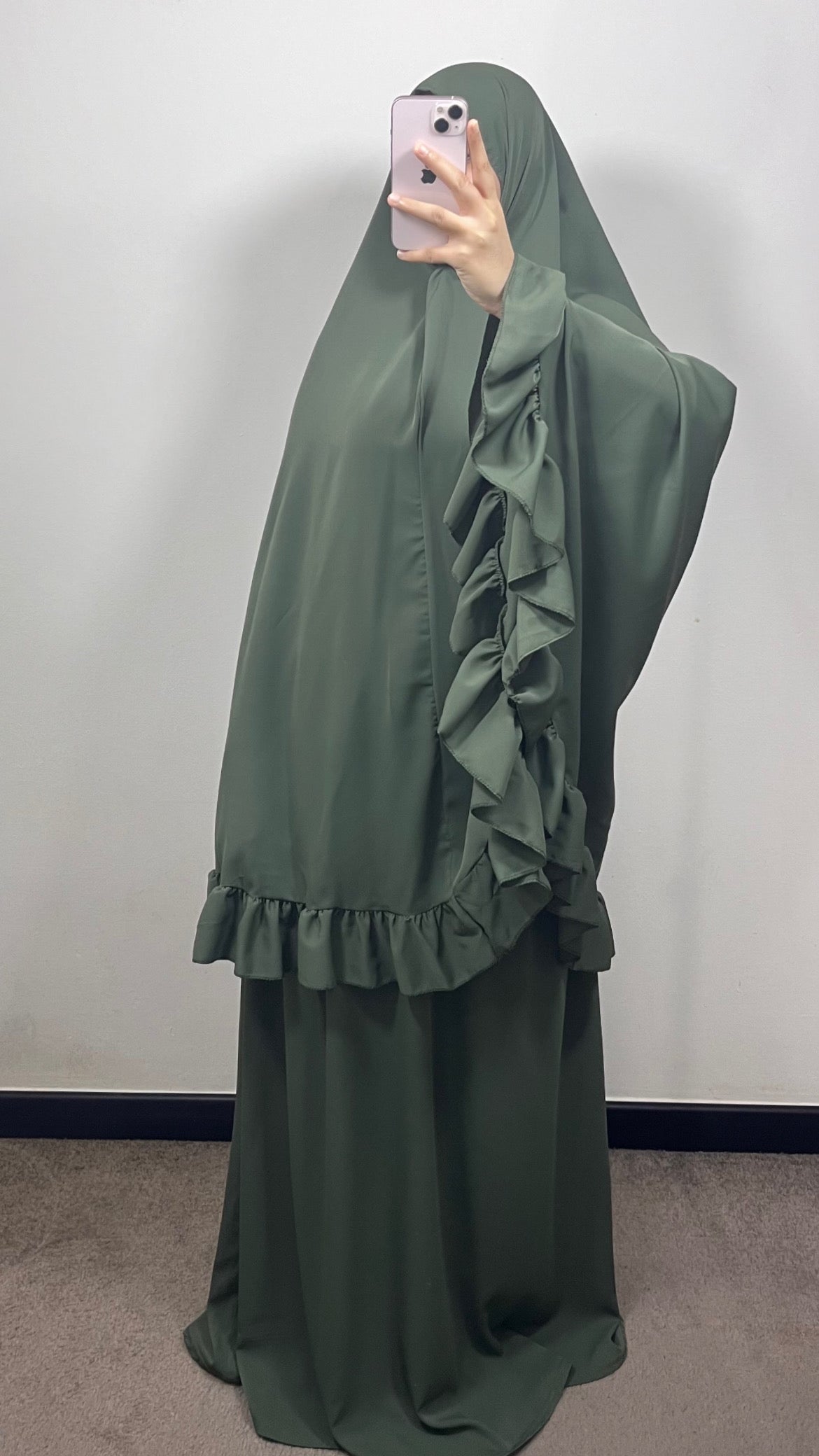 SET DE PRIÈRE FROUFROU EN SOIE DE MEDINE VERT KAKI