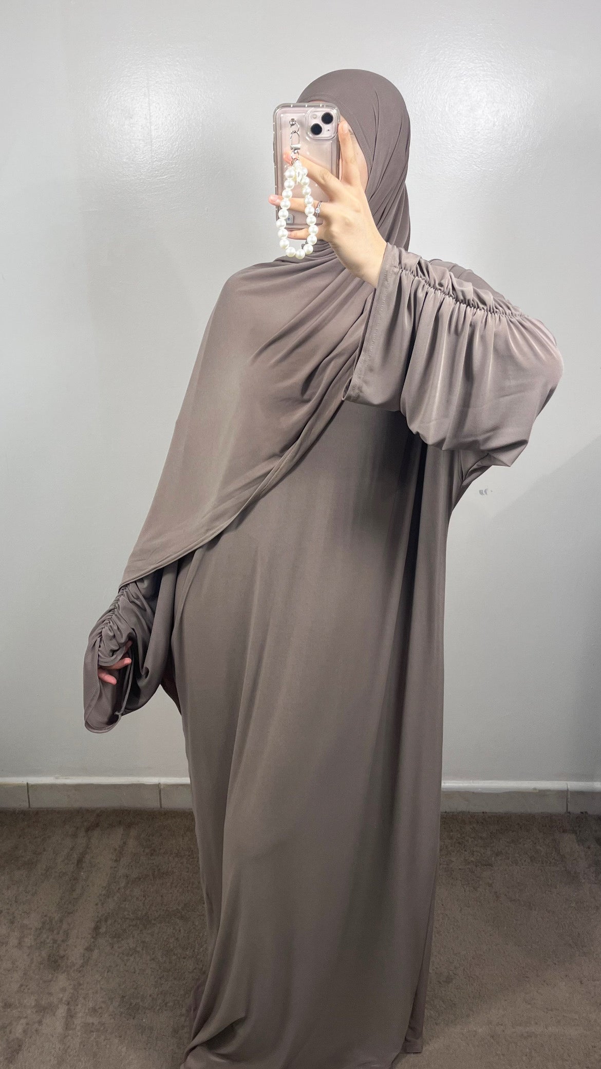 ABAYA + TAUPE HIJAB SET IN PREMIUM JERSEY