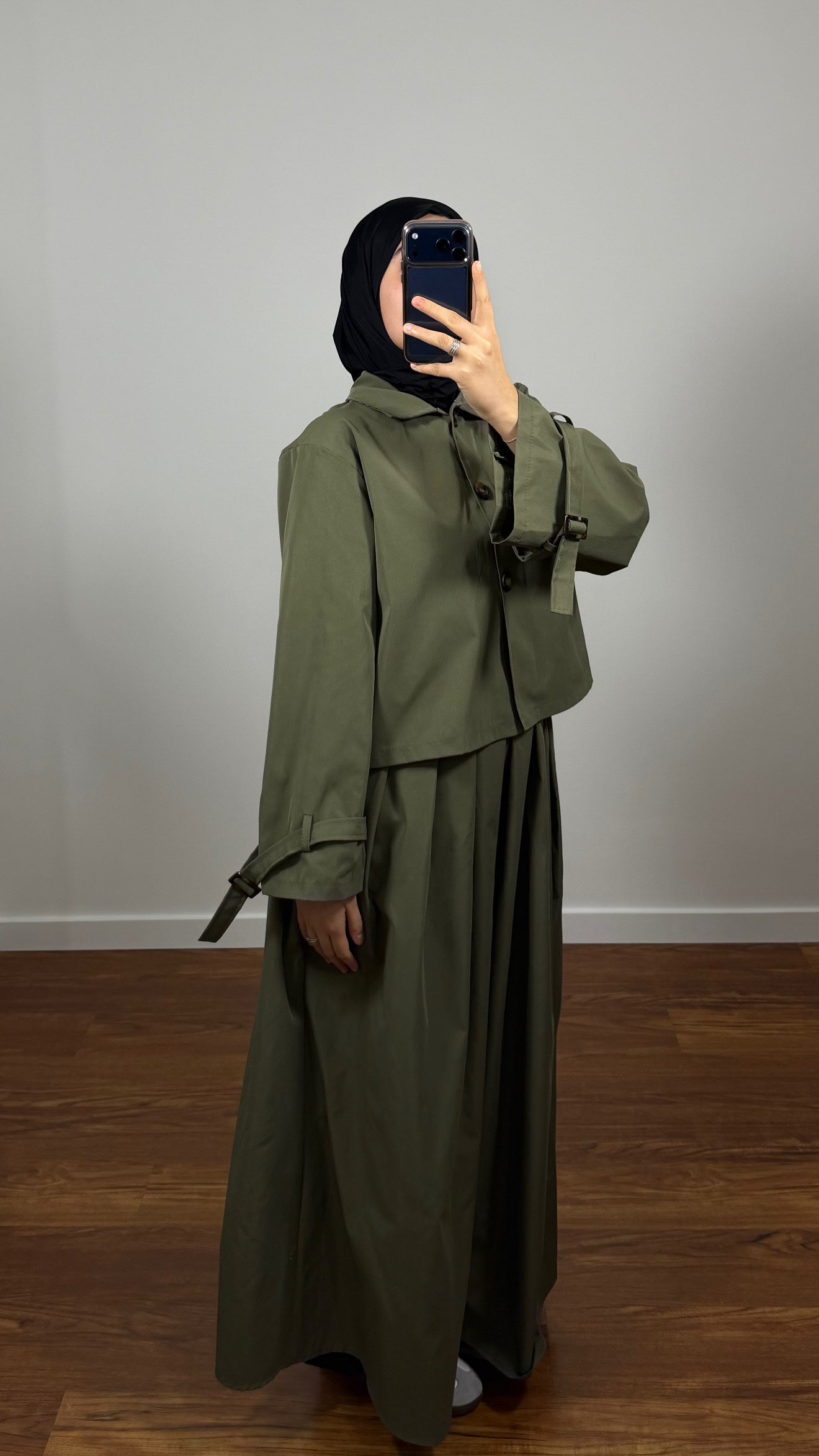 ENSEMBLE TRENCH VESTE + JUPE VERT KAKI
