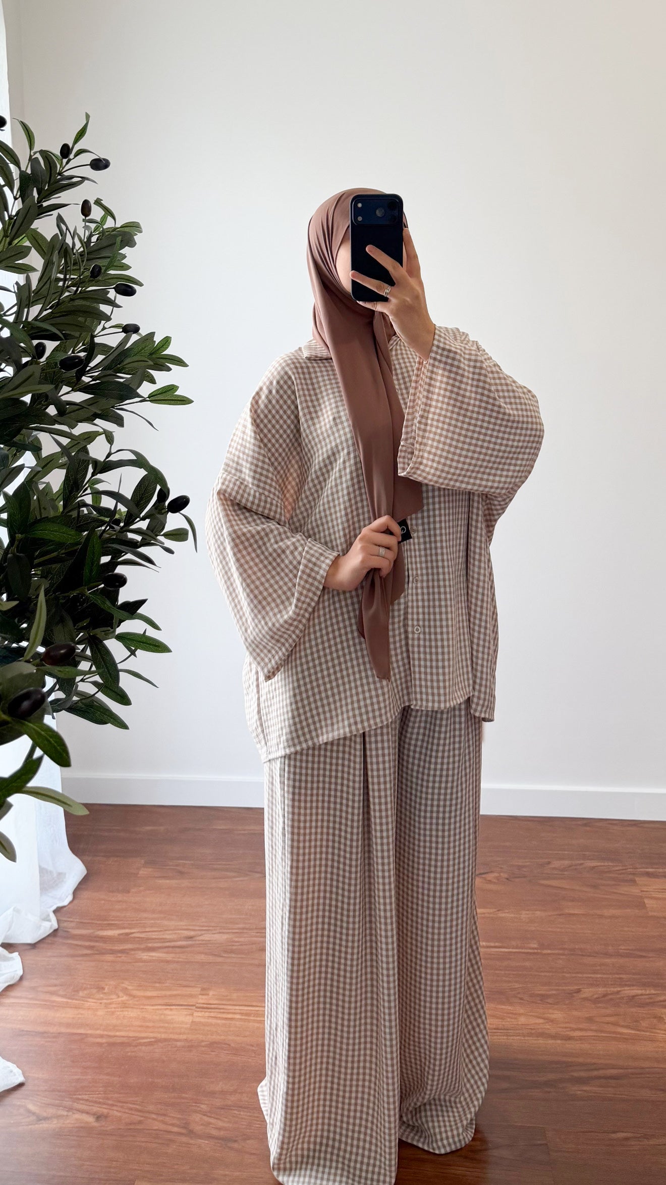ENSEMBLE VICHY CHEMISE + PANTALON MARRON