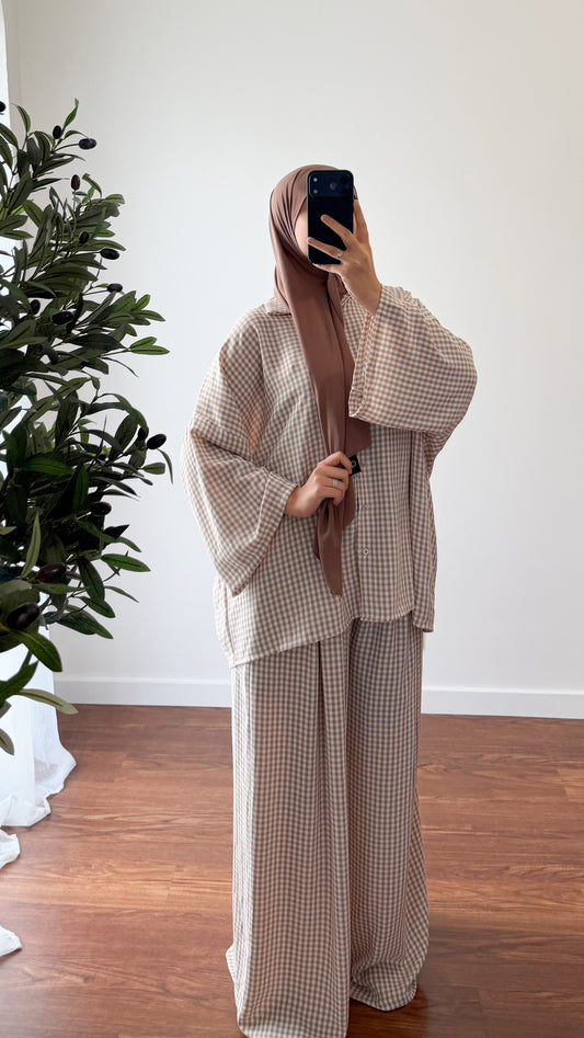 ENSEMBLE VICHY CHEMISE + PANTALON MARRON