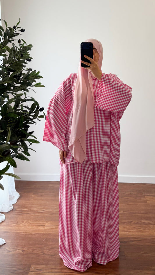 ENSEMBLE VICHY CHEMISE + PANTALON ROSE FUSHIA