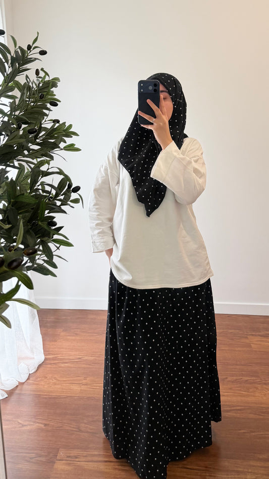 ENSEMBLE CARRÉ DE COTON + JUPE À POIS NOIR