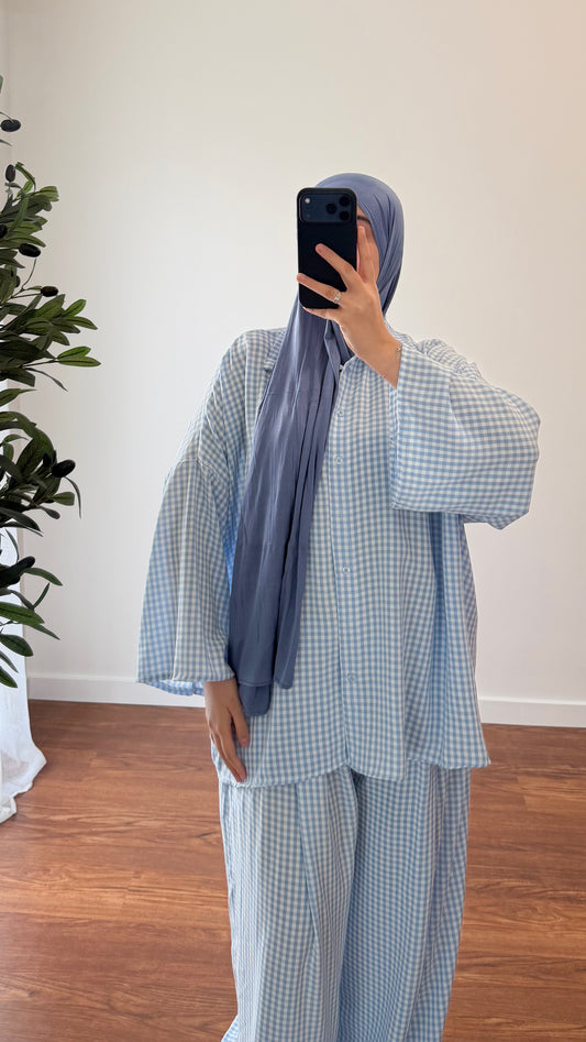 ENSEMBLE VICHY CHEMISE + PANTALON BLEU CIEL
