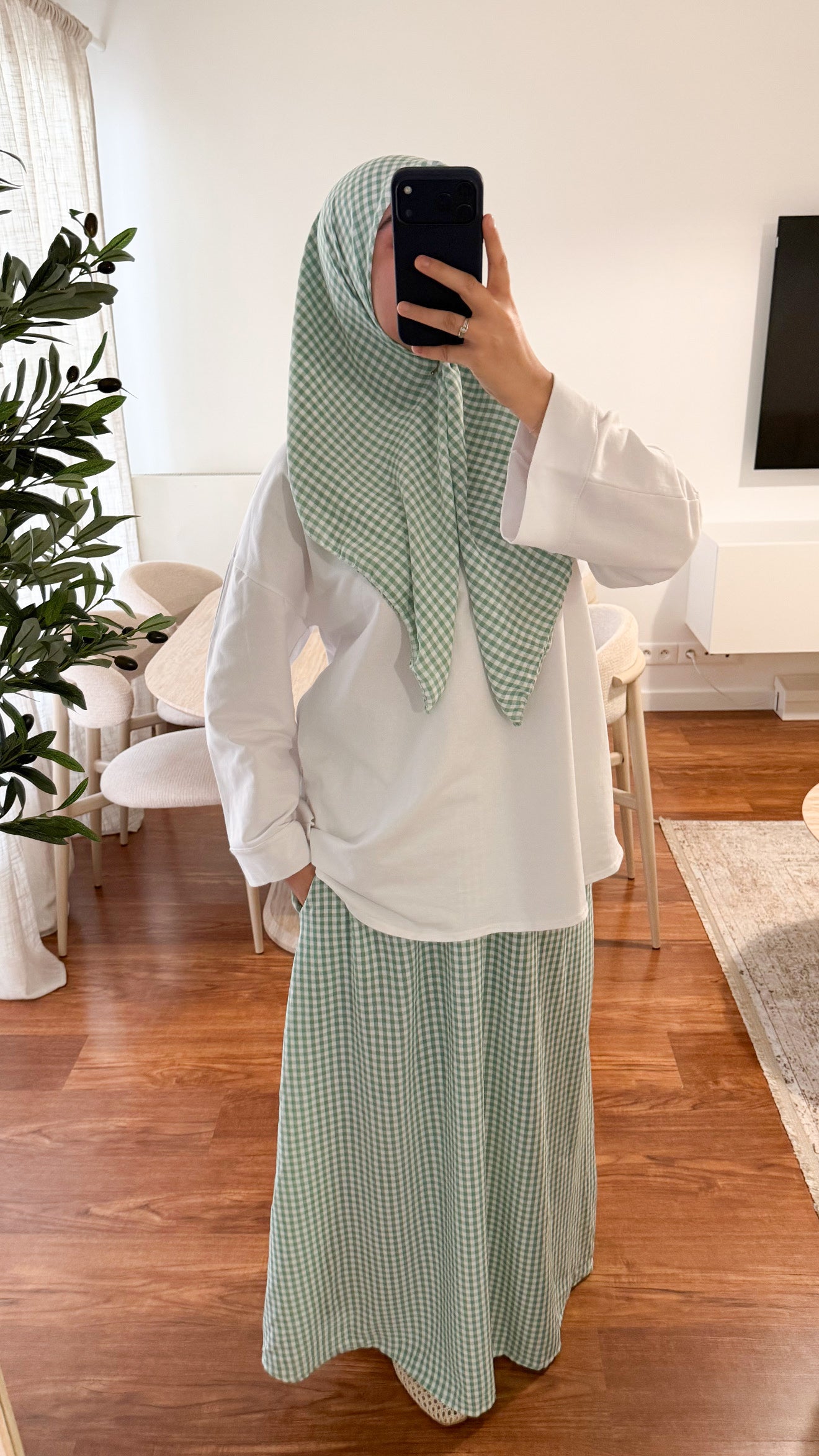 ENSEMBLE CARRÉ DE COTON + JUPE MOTIF CARREAUX VERT
