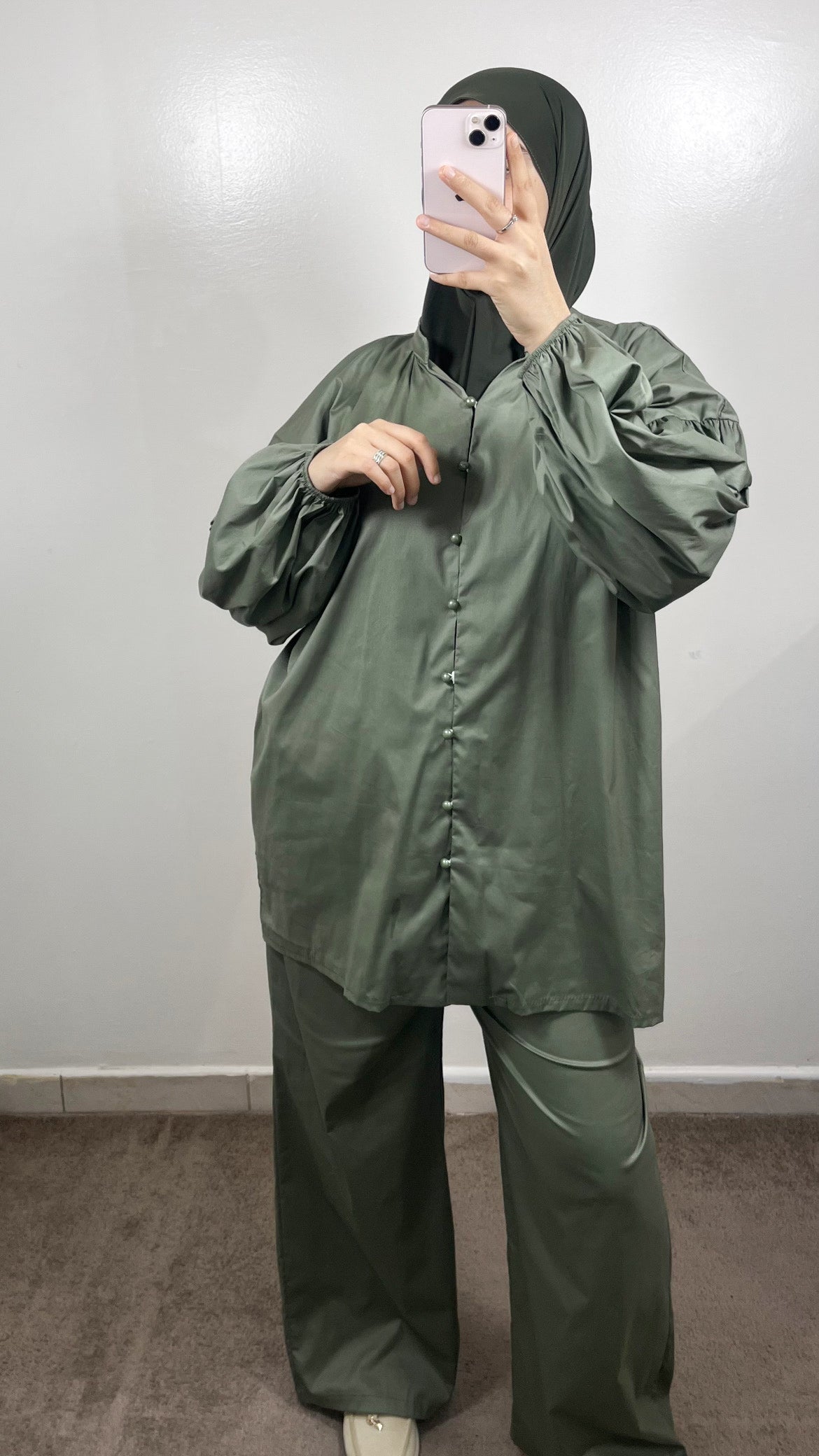 ENSEMBLE CHEMISE + PANTALON POPELINE VERT KAKI FONCÉ