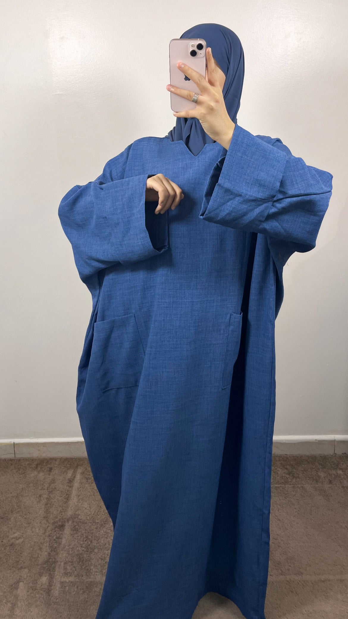 ABAYA POCHES EFFET LIN BLEU JEAN