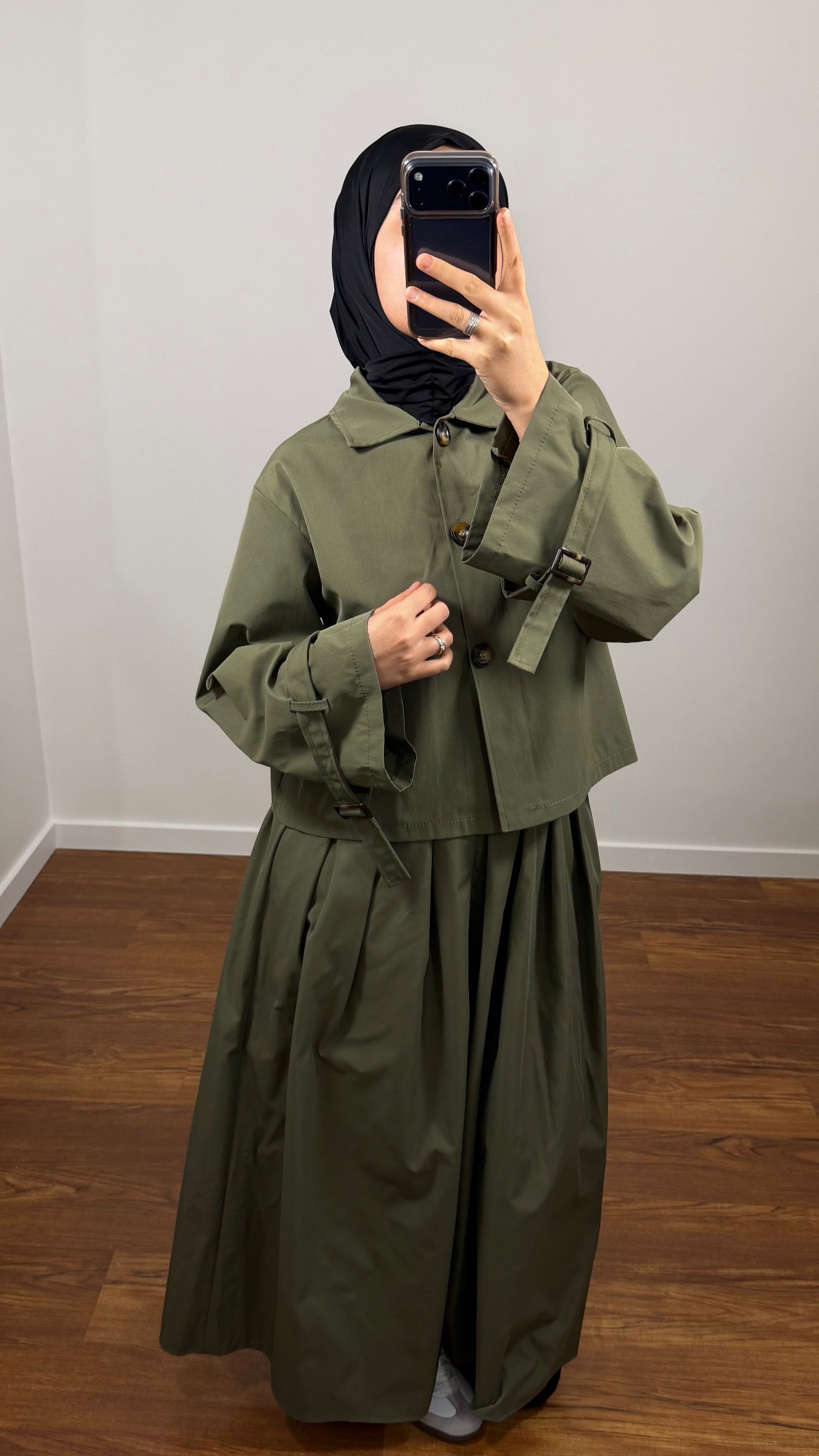 ENSEMBLE TRENCH VESTE + JUPE VERT KAKI
