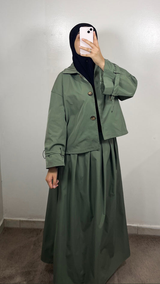 ENSEMBLE TRENCH VESTE + JUPE VERT