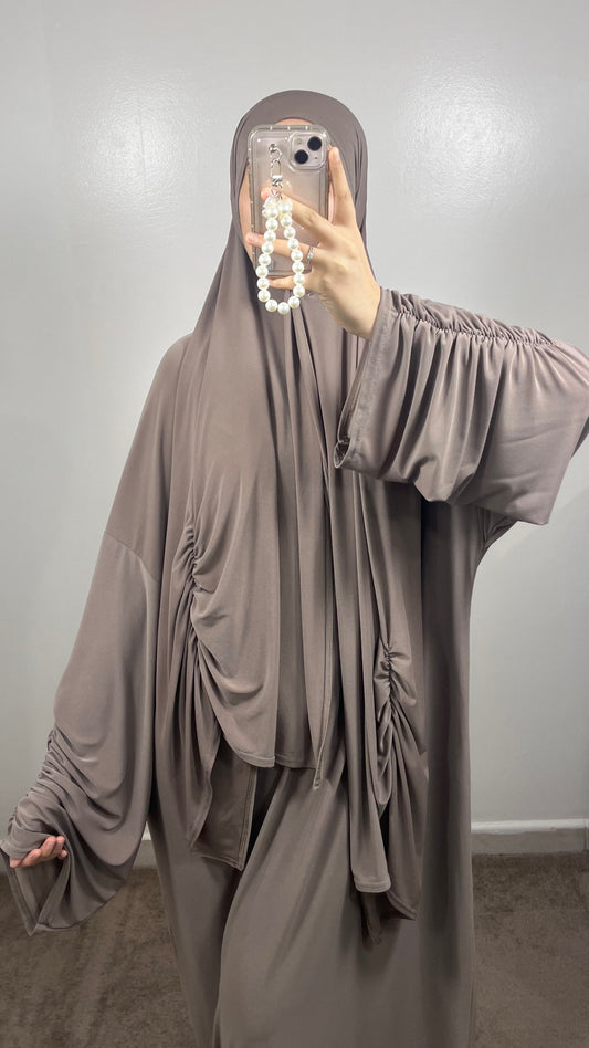 ABAYA + TAUPE HIJAB SET IN PREMIUM JERSEY