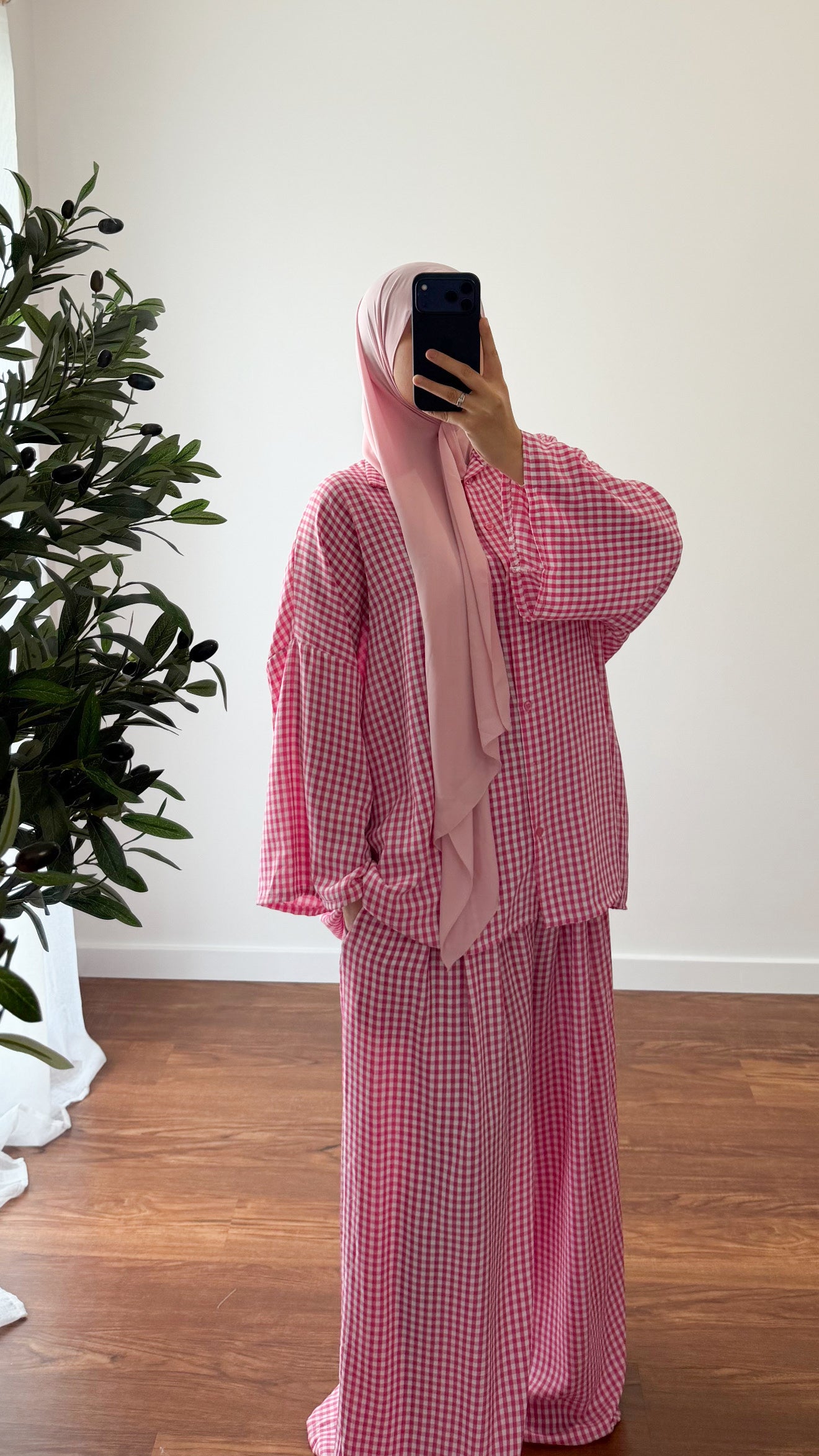 ENSEMBLE VICHY CHEMISE + PANTALON ROSE FUSHIA