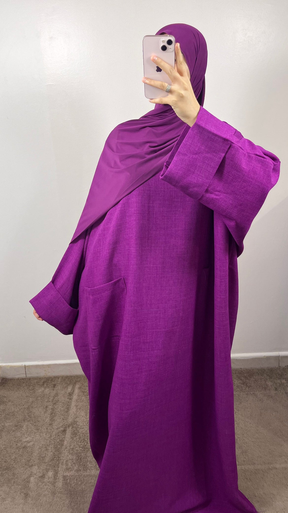 ABAYA POCHES EFFET LIN PRUNE