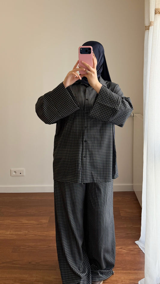 ENSEMBLE CHEMISE + PANTALON MOTIF CARREAUX BLEU NUIT