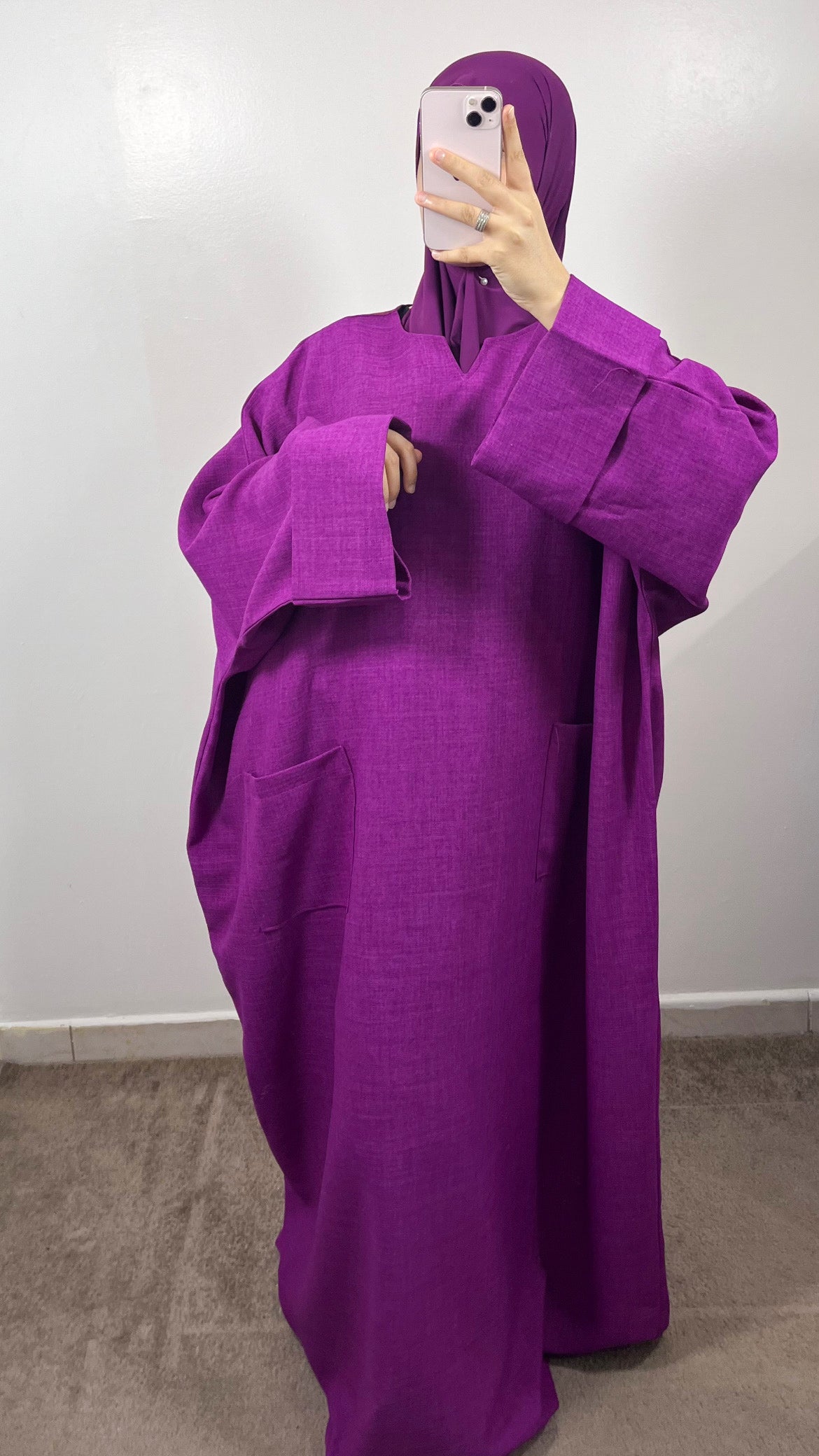 ABAYA POCHES EFFET LIN PRUNE