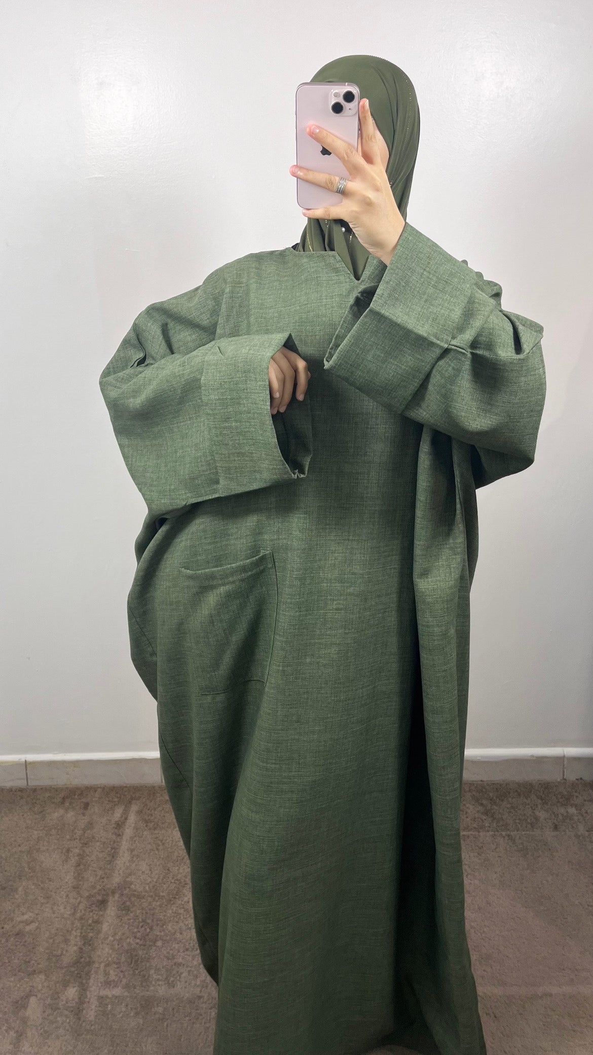 ABAYA POCHES EFFET LIN VERT KAKI