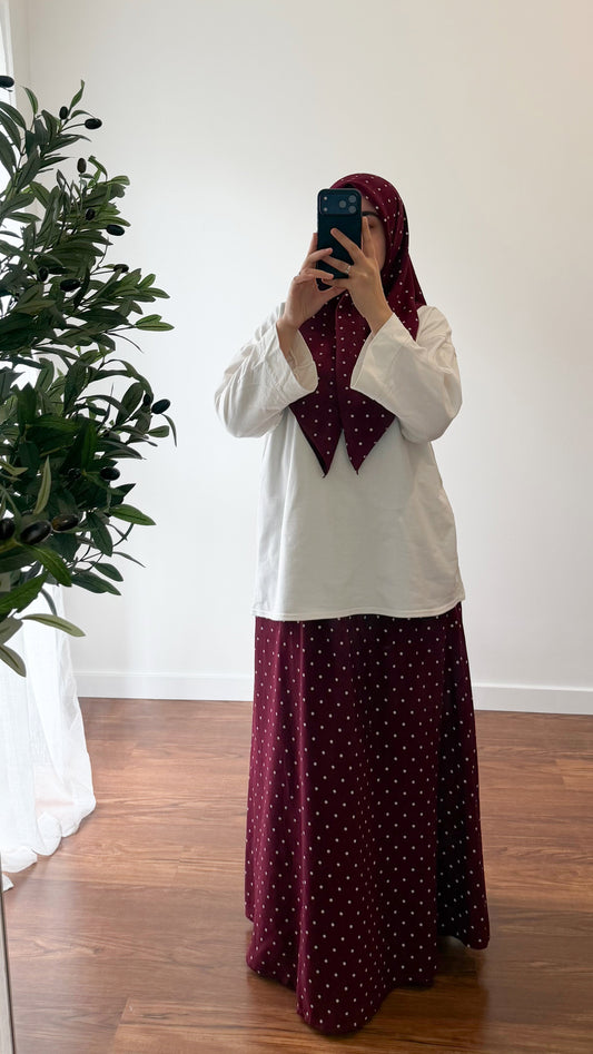ENSEMBLE CARRÉ DE COTON + JUPE À POIS BORDEAU