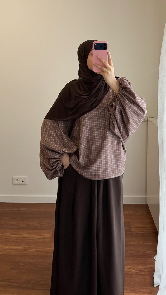 BLOUSE MANCHES BOUFFANTES MOTIF CARREAUX TAUPE